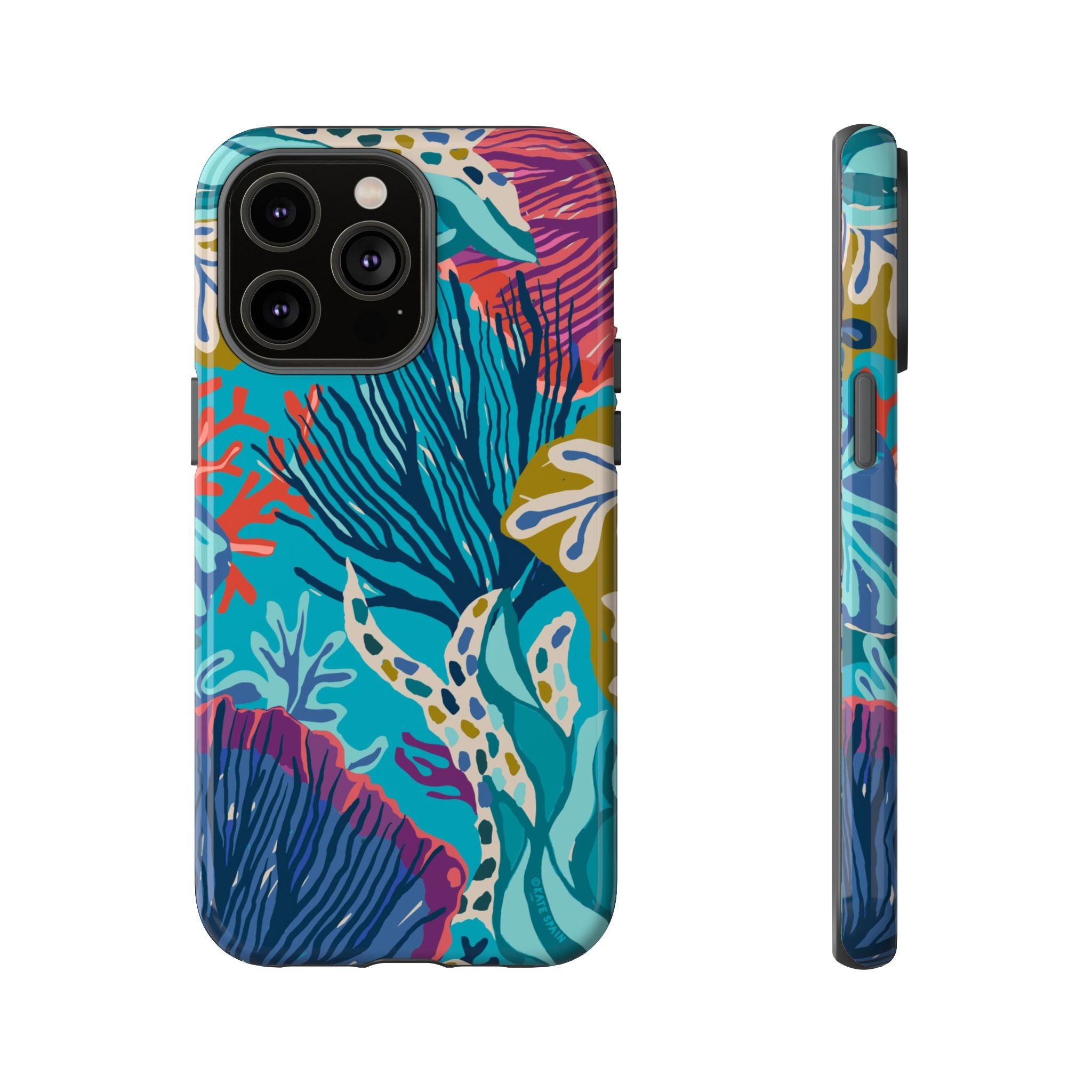 Reef Tough iPhone 14 Pro Max Case – Glossy | teal, coral, navy, purple botanical coral reef print