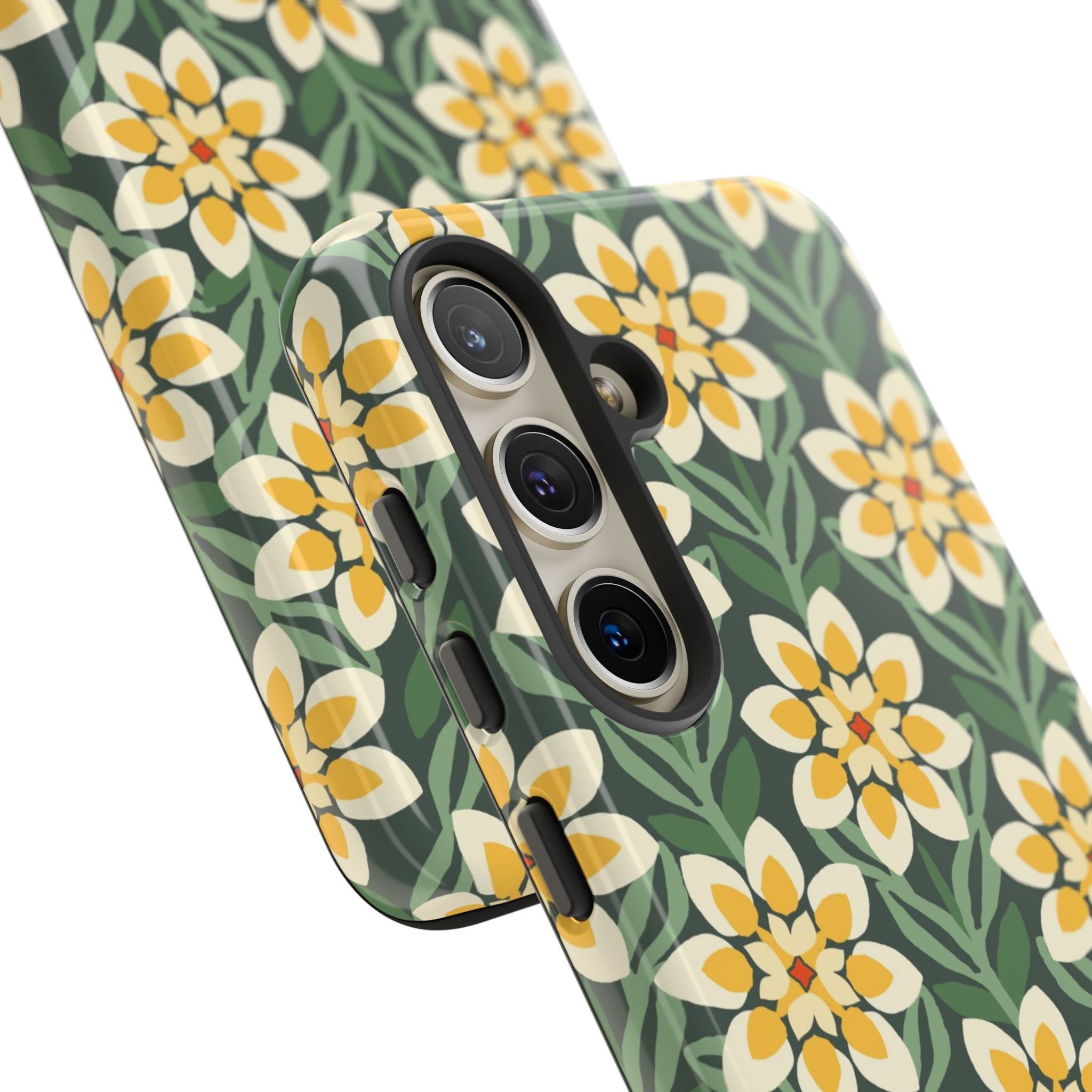 Luxury Modern Dahlia Samsung Galaxy S24Case – Glossy | close-up of 3 lenses in case in forest green, yellow, cream modern dahlia print