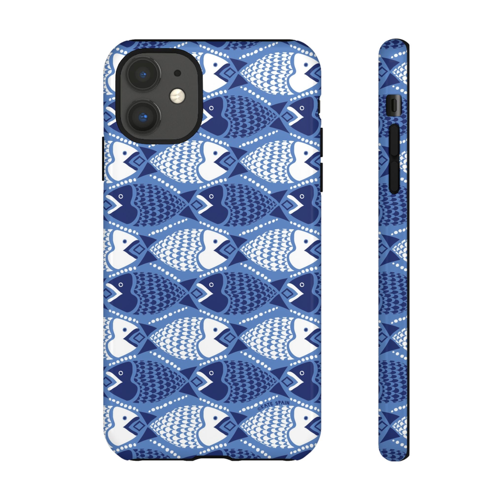Catch of the Day Tough iPhone 11 Case – Glossy | navy, blue, white geometric fish print