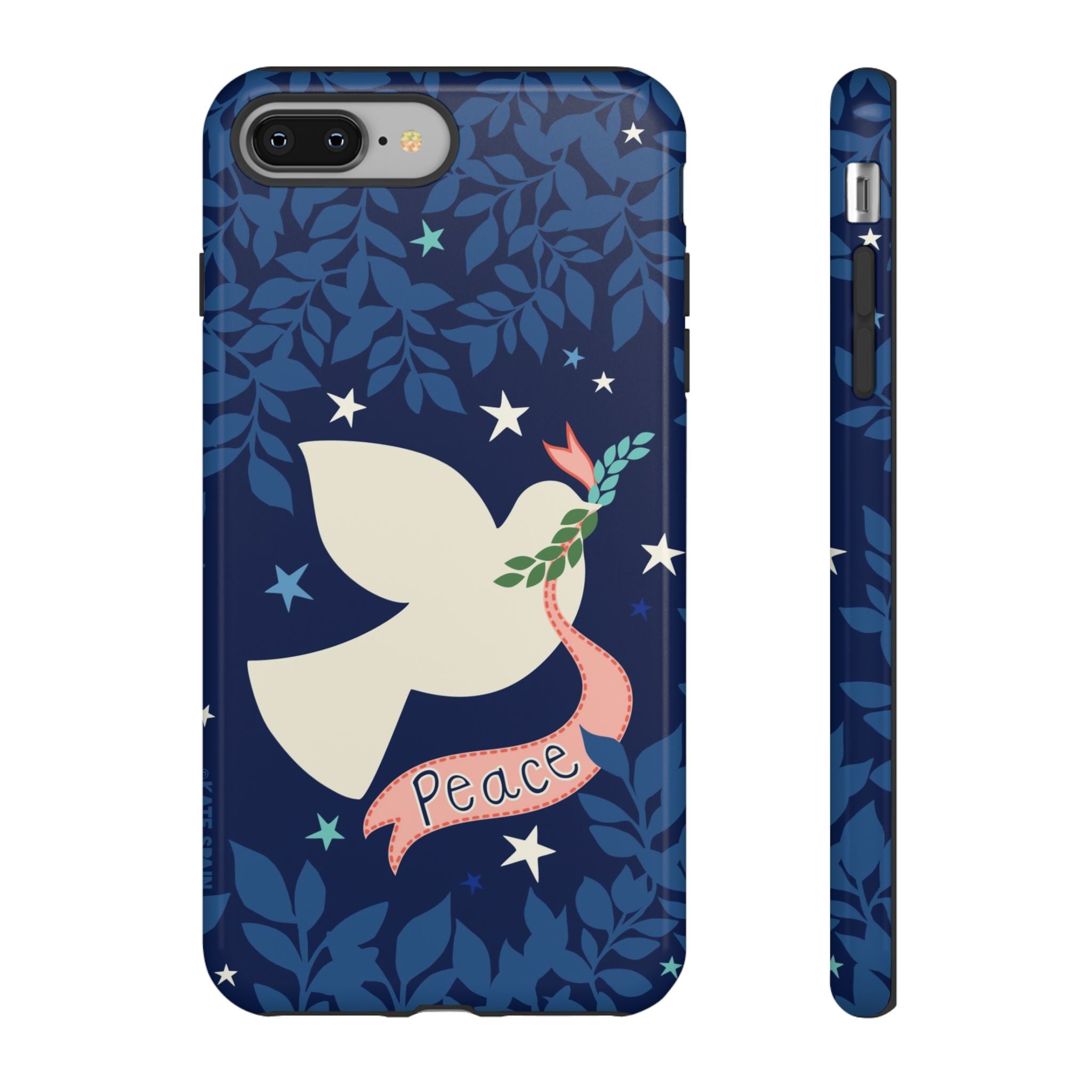 Peace Tough iPhone 8 Plus Case – Glossy | navy, cream peace dove, stars, botanical print