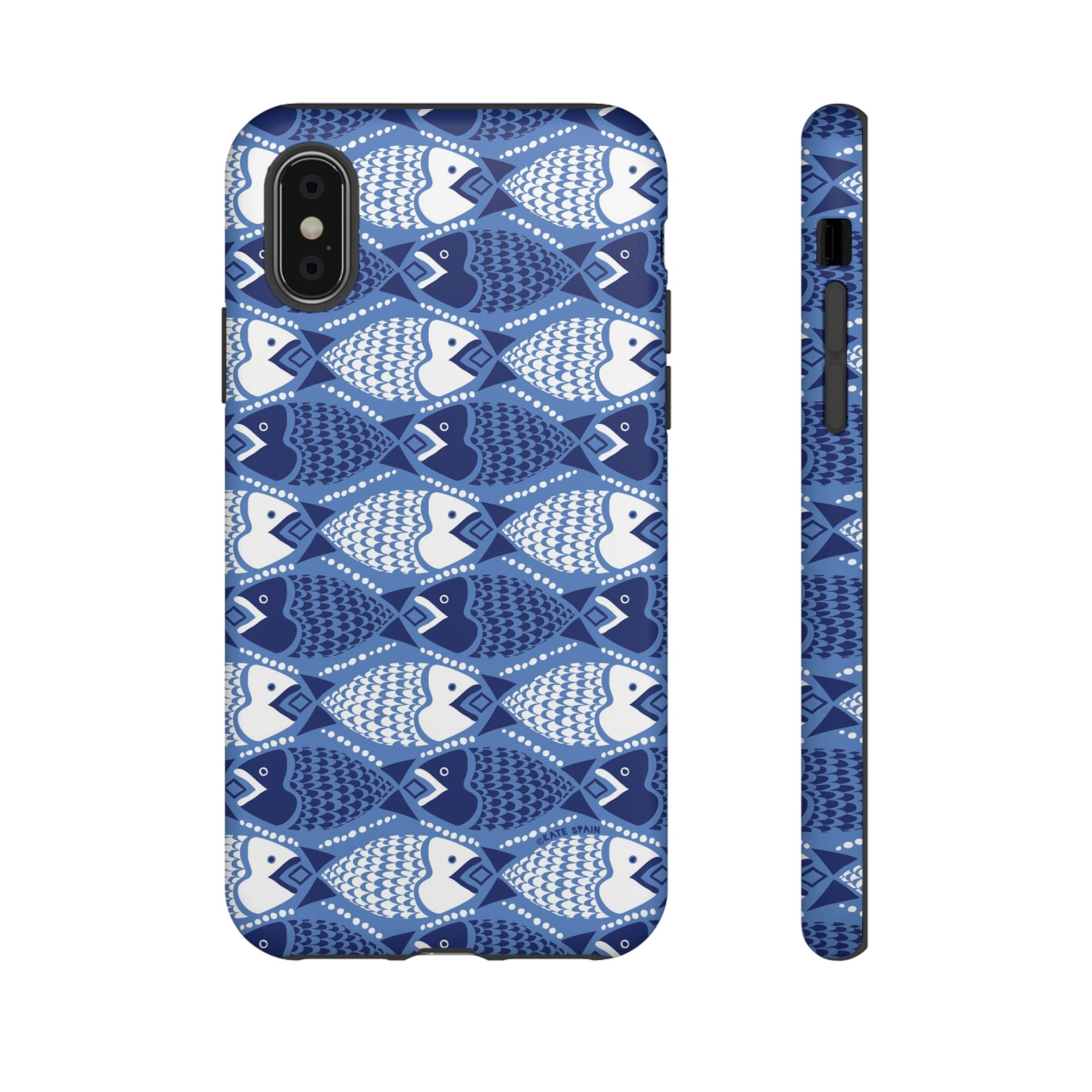 Catch of the Day Tough iPhone XS Case – Matte | navy, blue, white geometric fish print