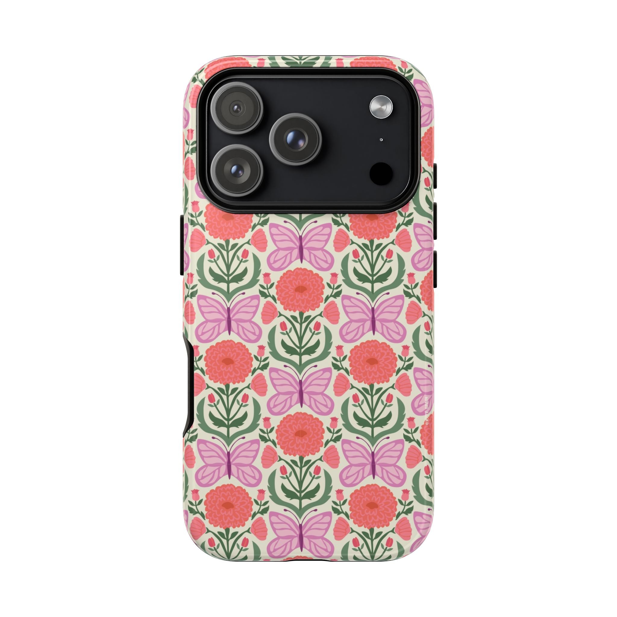 Pink Butterfly Tough iPhone 17 Pro Case – Glossy | pink, coral, green, cream butterfly floral print