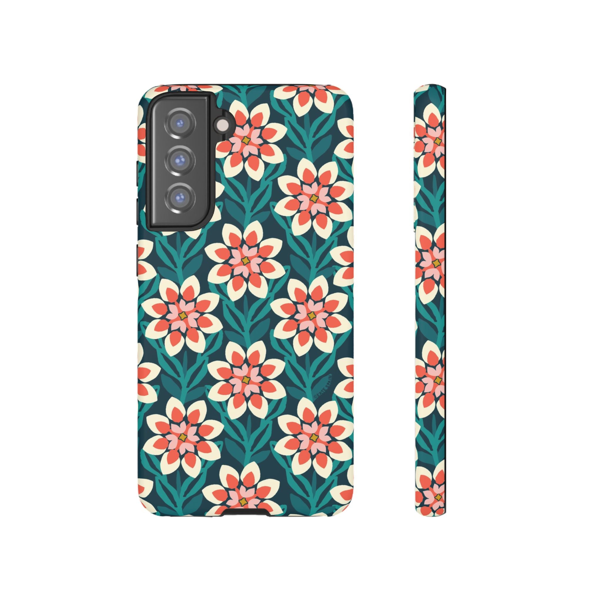 Luxury Modern Dahlia Samsung Galaxy S21 FE Case – Matte | teal, coral, pink, cream modern dahlia print