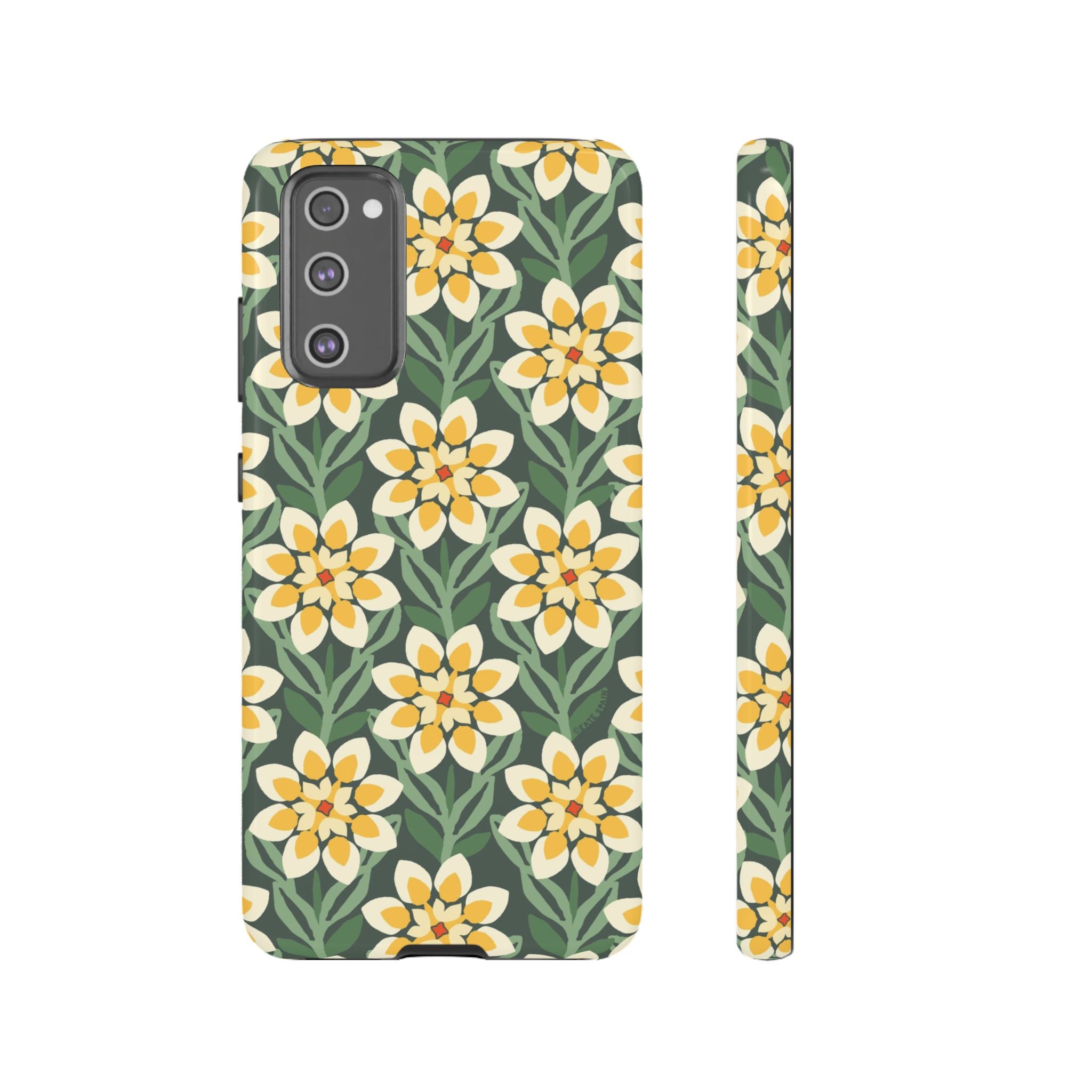 Luxury Modern Dahlia Samsung Galaxy S20 FE Case – Glossy | forest green, yellow, cream modern dahlia print