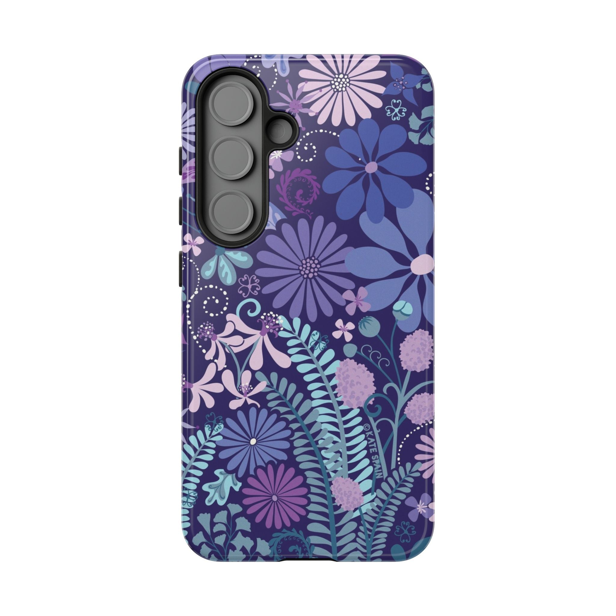 Luxury Terrain Samsung Galaxy S25 Case – Glossy | navy, purple, aqua botanical woodland floral print