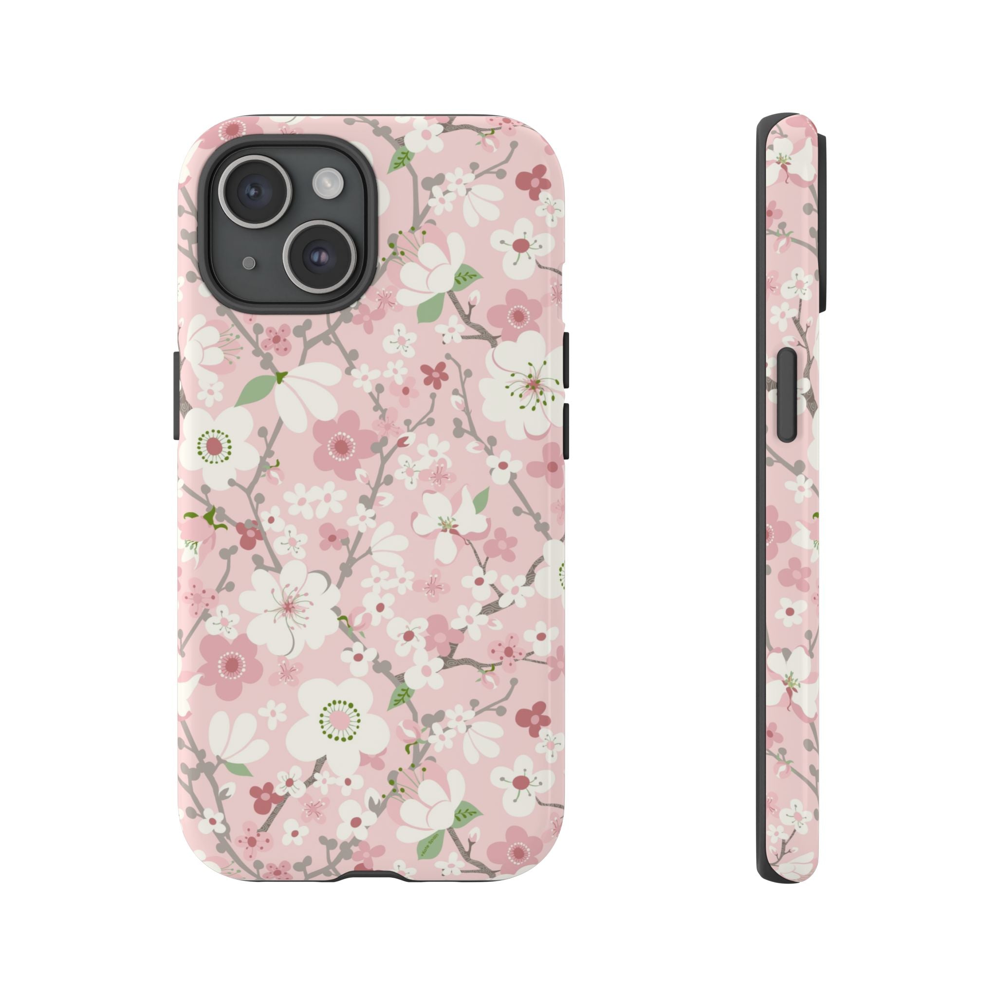 Luxury Pink Cherry Blossom Tough iPhone 15 Case – Glossy | light pink, white, cherry blossom floral print