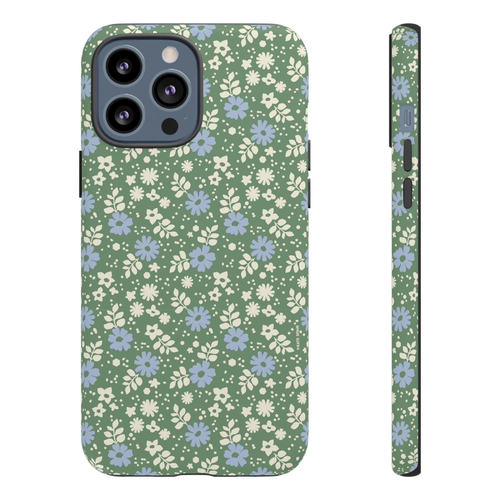 Petaline Tough iPhone 13 Pro Max Case – Matte | green, blue, cream ditsy floral print