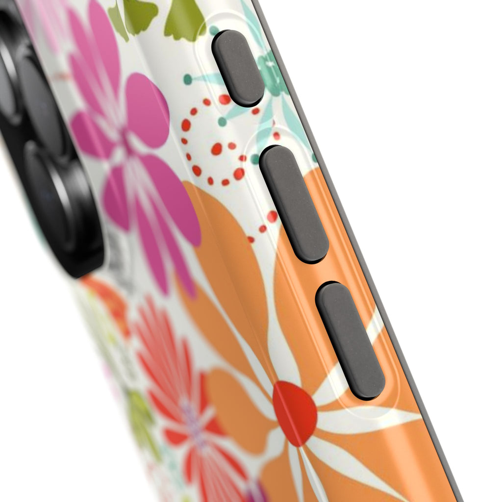 Luxury Terrain MagSafe iPhone 16 Pro Max Case – side view of buttons in case | white, magenta, coral botanical woodland floral print