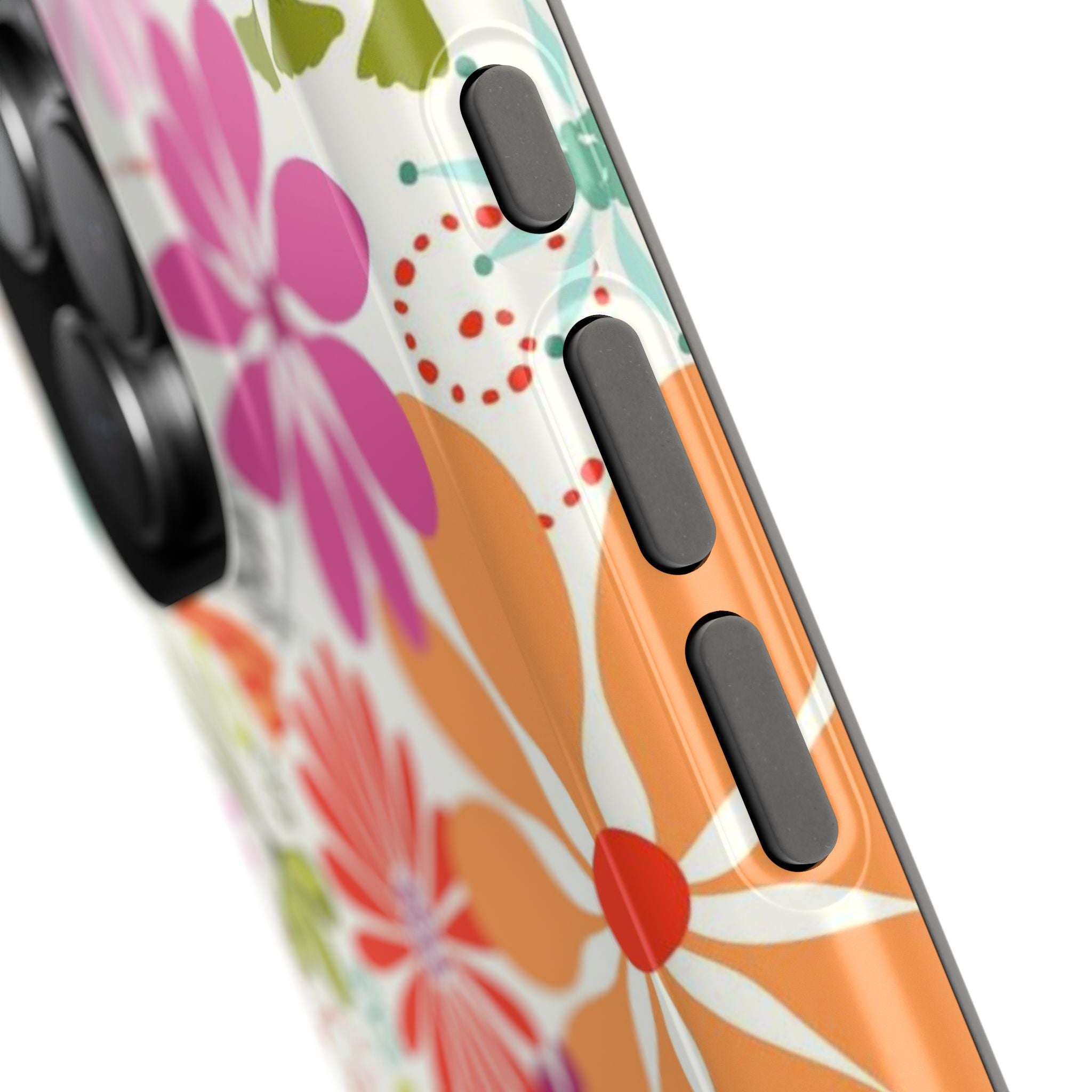 Luxury Terrain MagSafe iPhone 16 Pro Max Case – side view of buttons in case | white, magenta, coral botanical woodland floral print