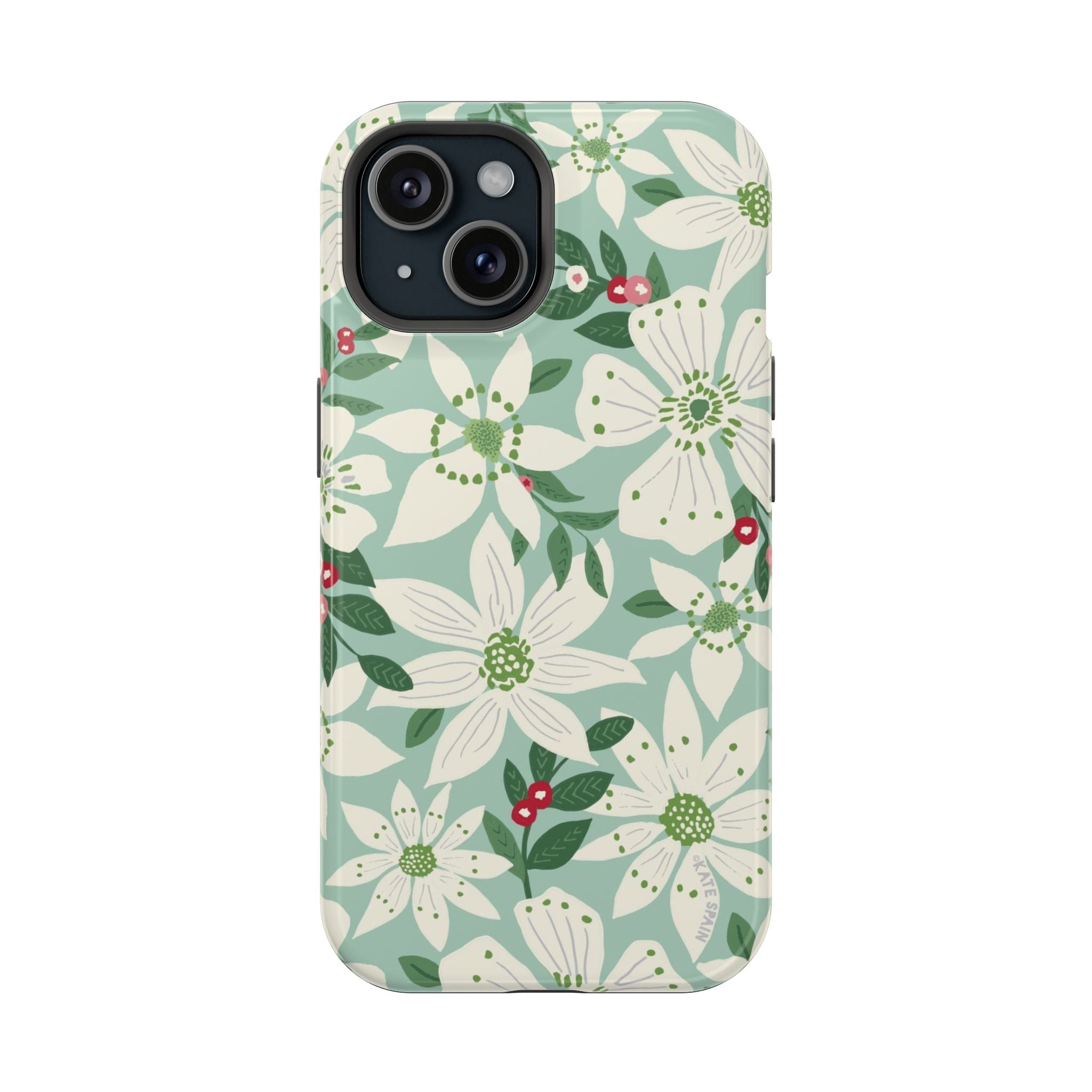 Gardenia MagSafe iPhone 15 Case – Glossy | light blue, white, green, red gardenia botanical print MagSafe compatible, dual-layer protection
