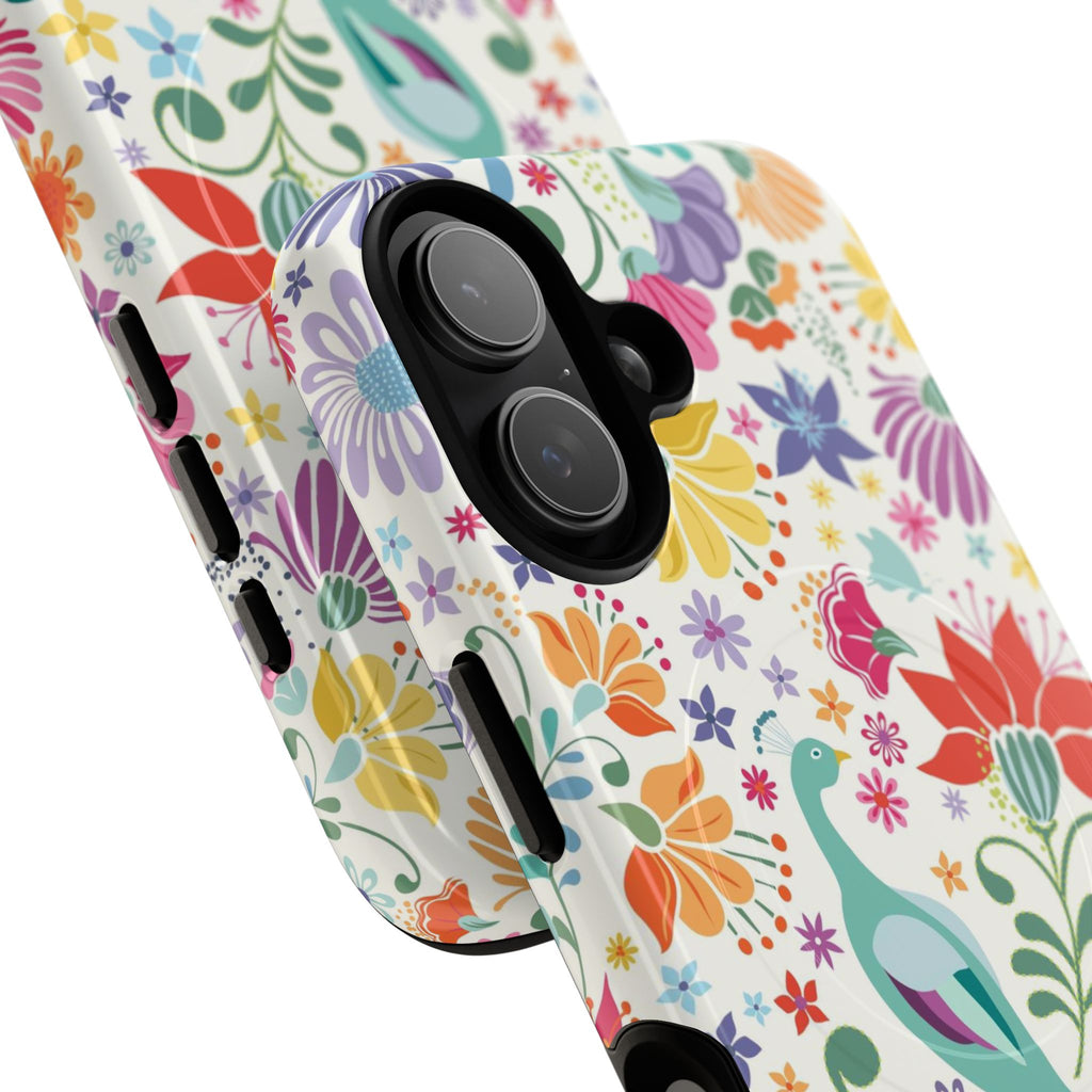 Peacock Sanctuary MagSafe iPhone 17 Case – Glossy | cream, teal, coral multicolor vibrant peacock feather botanical print | angled view closeup of camera cutout and buttons