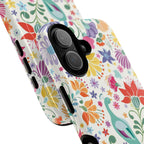 Peacock Sanctuary MagSafe iPhone 17 Case – Glossy | cream, teal, coral multicolor vibrant peacock feather botanical print | angled view closeup of camera cutout and buttons