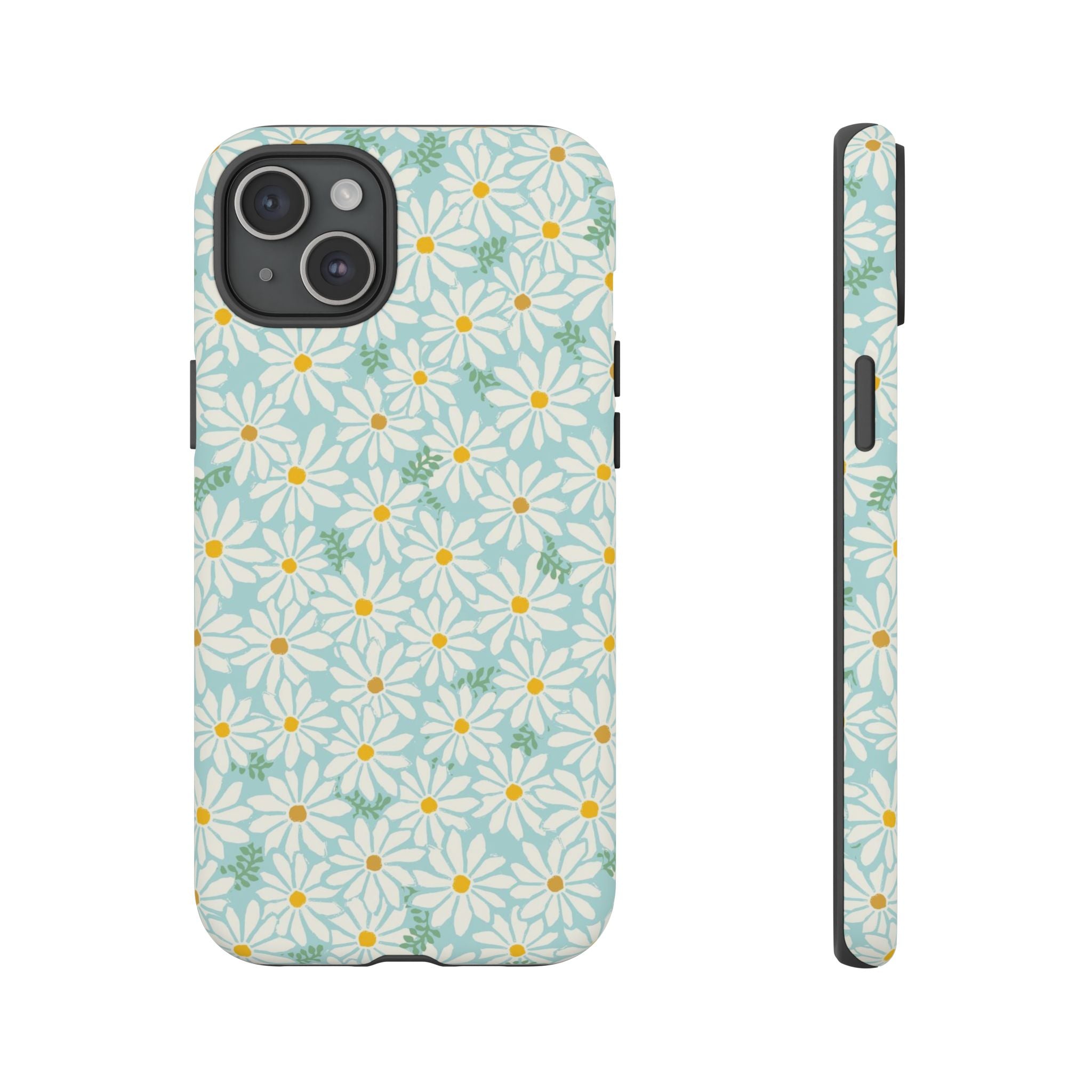 Daisies Tough iPhone 15 Plus Case – Matte | sky blue, white daisy print, golden yellow centers, mint green leaves dual-layer protection