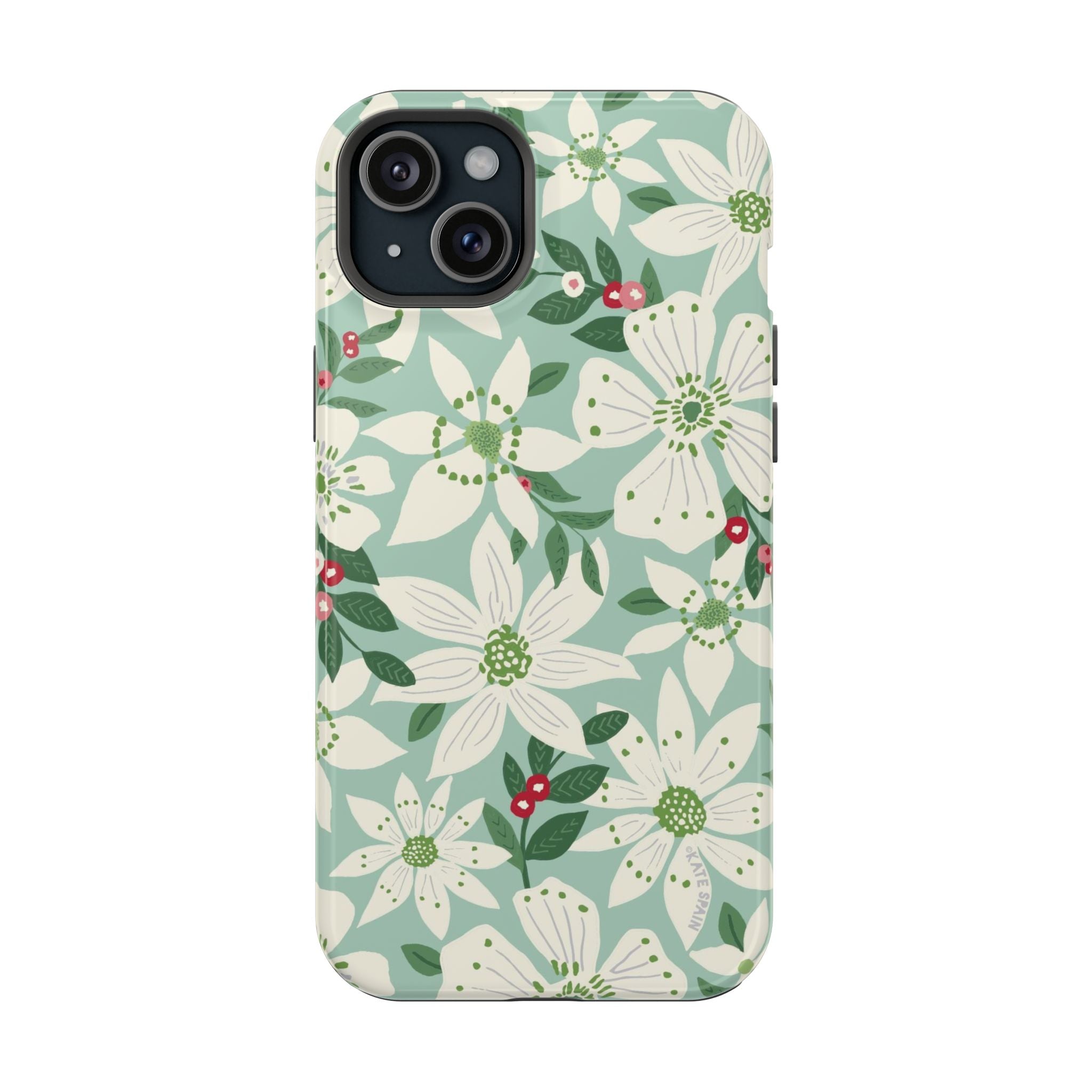 Gardenia MagSafe iPhone 15 Plus Case – Glossy | light blue, white, green, red gardenia botanical print MagSafe compatible, dual-layer protection