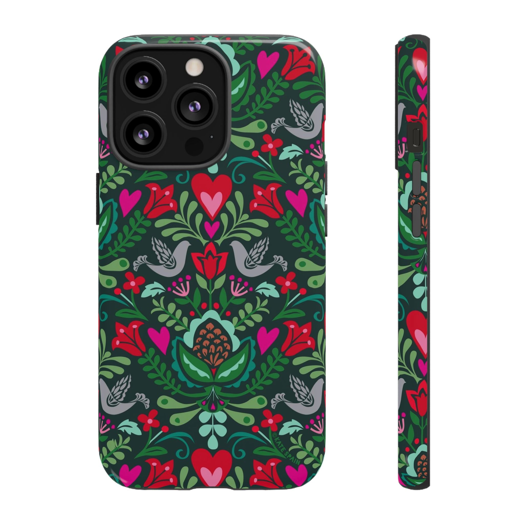 Rosemaling Tough iPhone 13 Pro Case – Glossy | dark green, red, pink, gray folk art floral bird print
