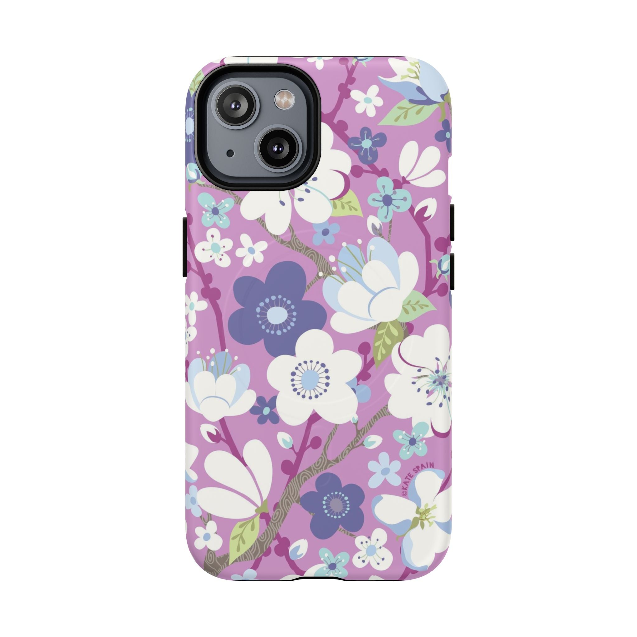 Purple Cherry Blossom MagSafe iPhone 14 Case – Matte | mauve, purple, blue, white cherry blossom print