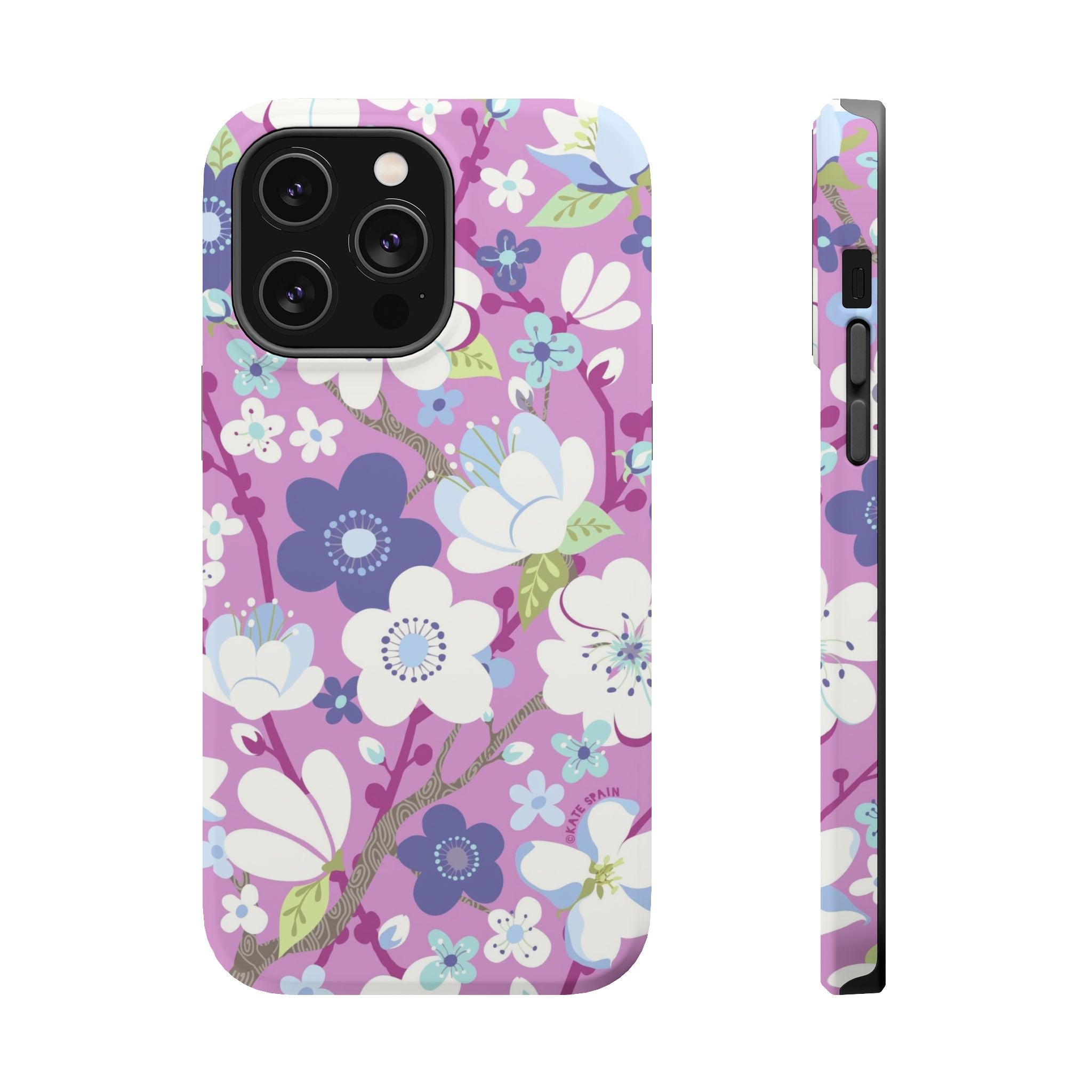 Luxury Cherry Blossom MagSafe iPhone 13 Pro Case – Matte | mauve, purple, blue, white cherry blossom print