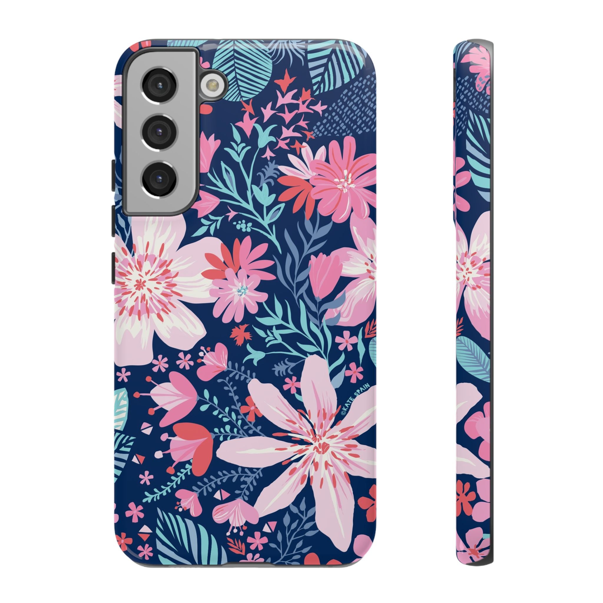 Tropical Bonaire Samsung Galaxy S22 Plus Case – Glossy | navy, pink, white tropical floral botanical print