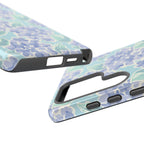 Luxury Nantucket Hydrangea Samsung Galaxy S25 Ultra Case – Glossy | close-up of case side profile in periwinkle, sky blue, mint hydrangea floral print