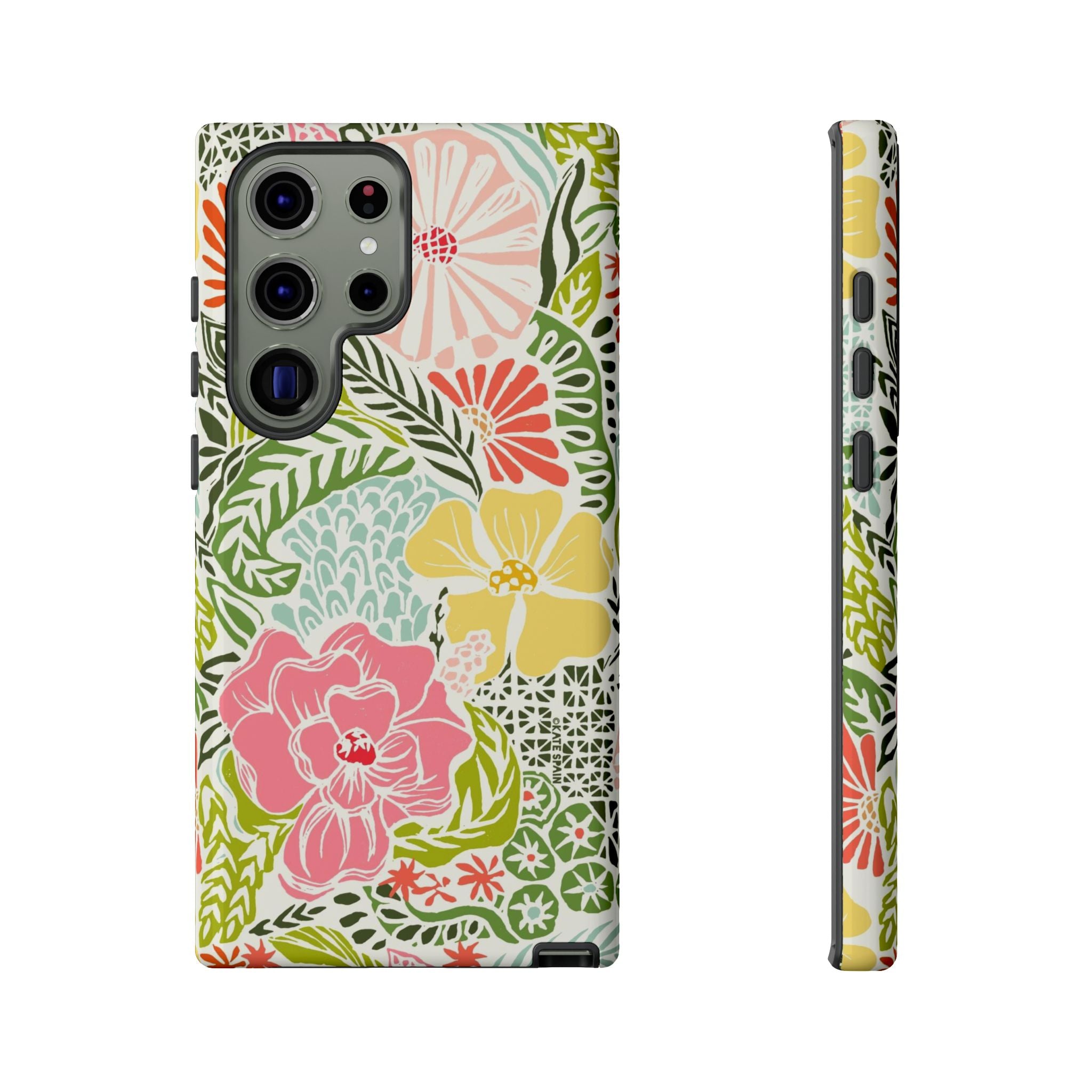 Cute Tropica Samsung Galaxy S23 Ultra Case – Glossy | cream, pink, yellow, blue botanical floral print