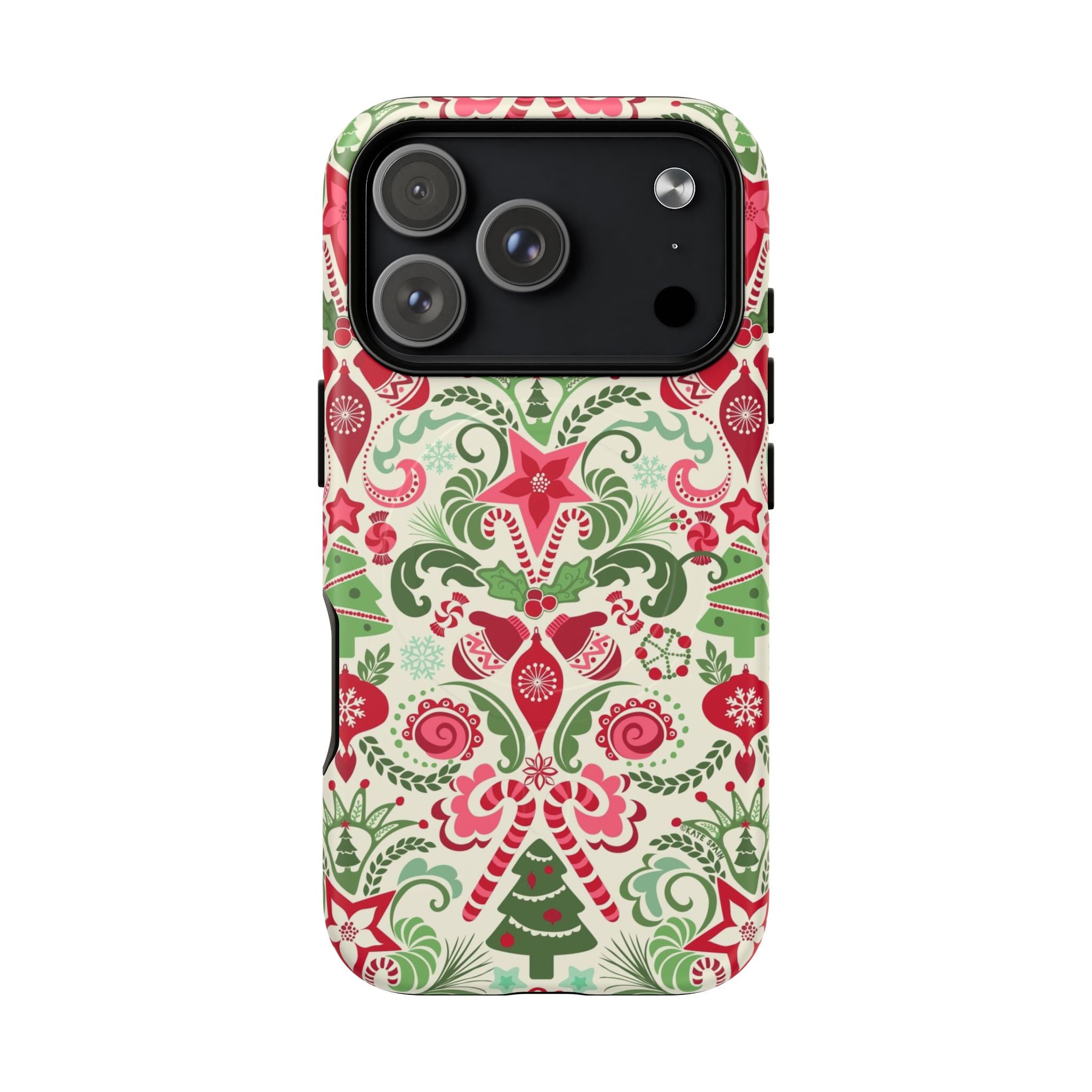Wonderland MagSafe iPhone 17 Pro Case – Matte | cream, red, and green Christmas holiday medallion print with ornaments, candy canes, trees, and stars