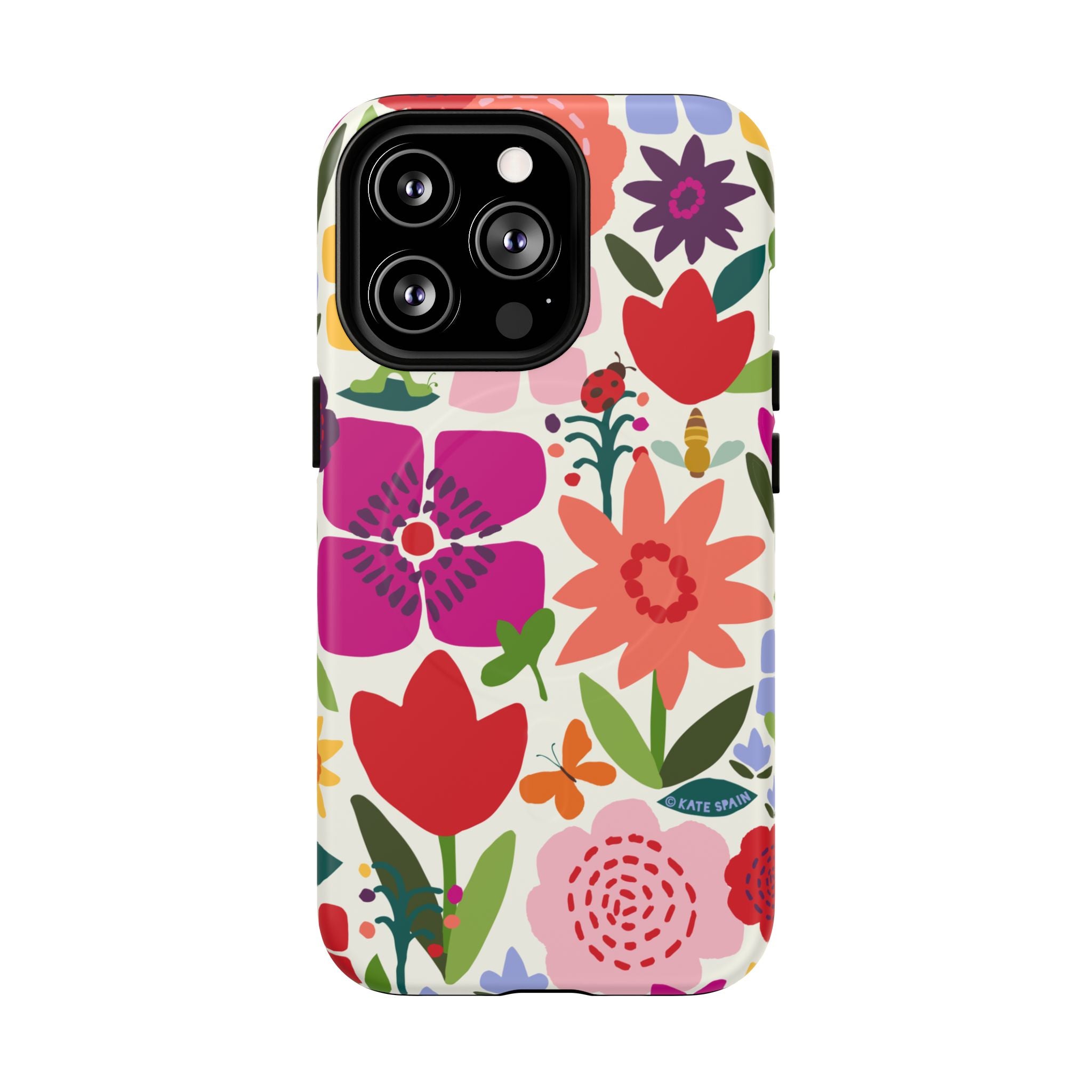 Happy Blooms MagSafe iPhone 13 Pro Case – Matte | cream, red, magenta, coral botanical floral print