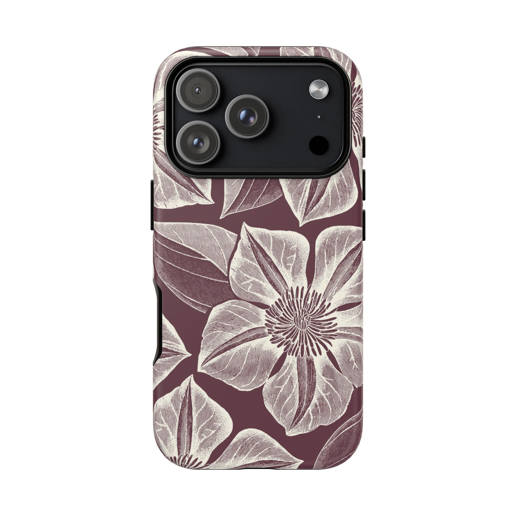 Vintage Bloom Burgundy iPhone 17 Pro case – Matte | burgundy ground, large-scale cream clematis print, engraved petal detail, dual-layer protection