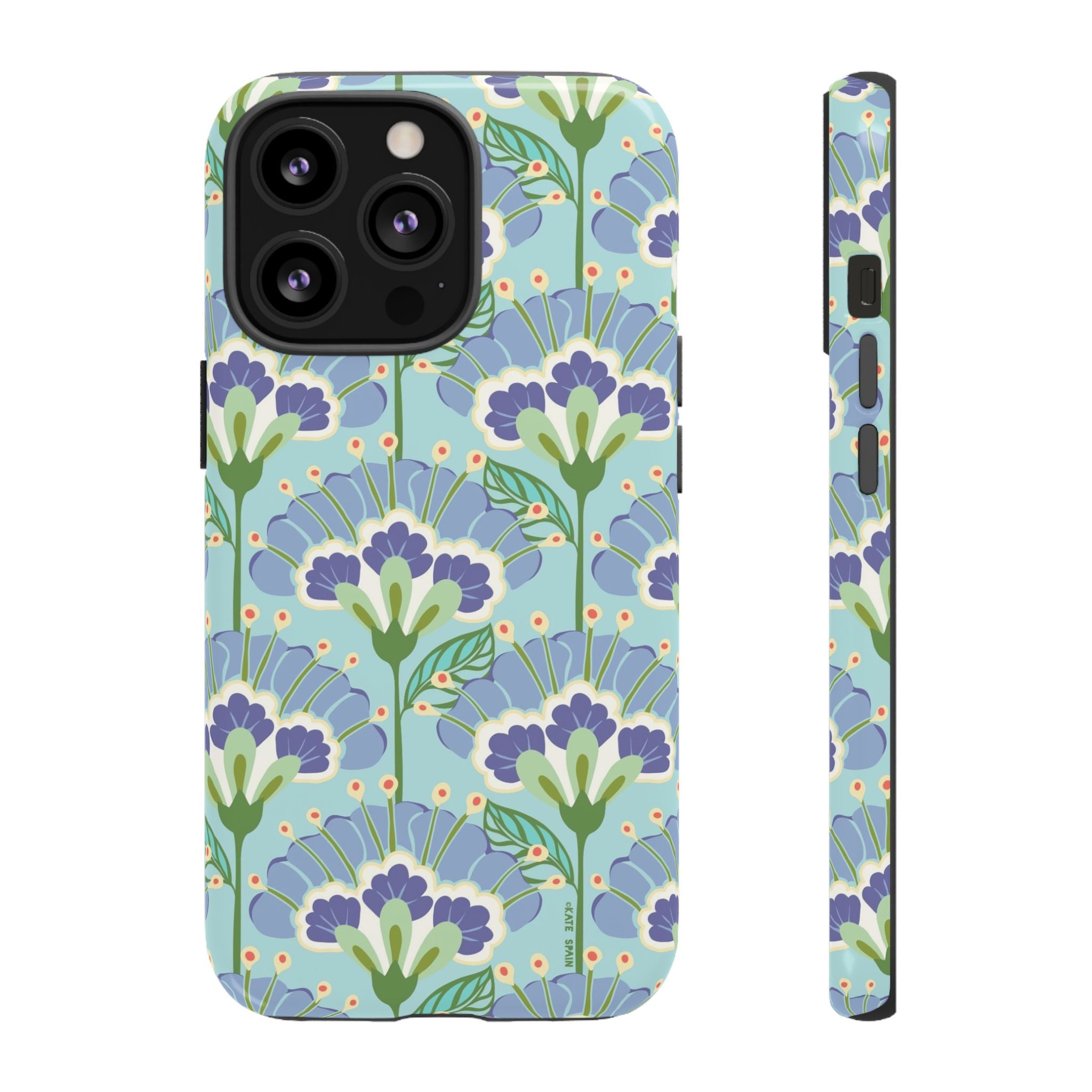 Lantern Flower Tough iPhone 13 Pro Case – Glossy | aqua, periwinkle, green botanical lantern floral print