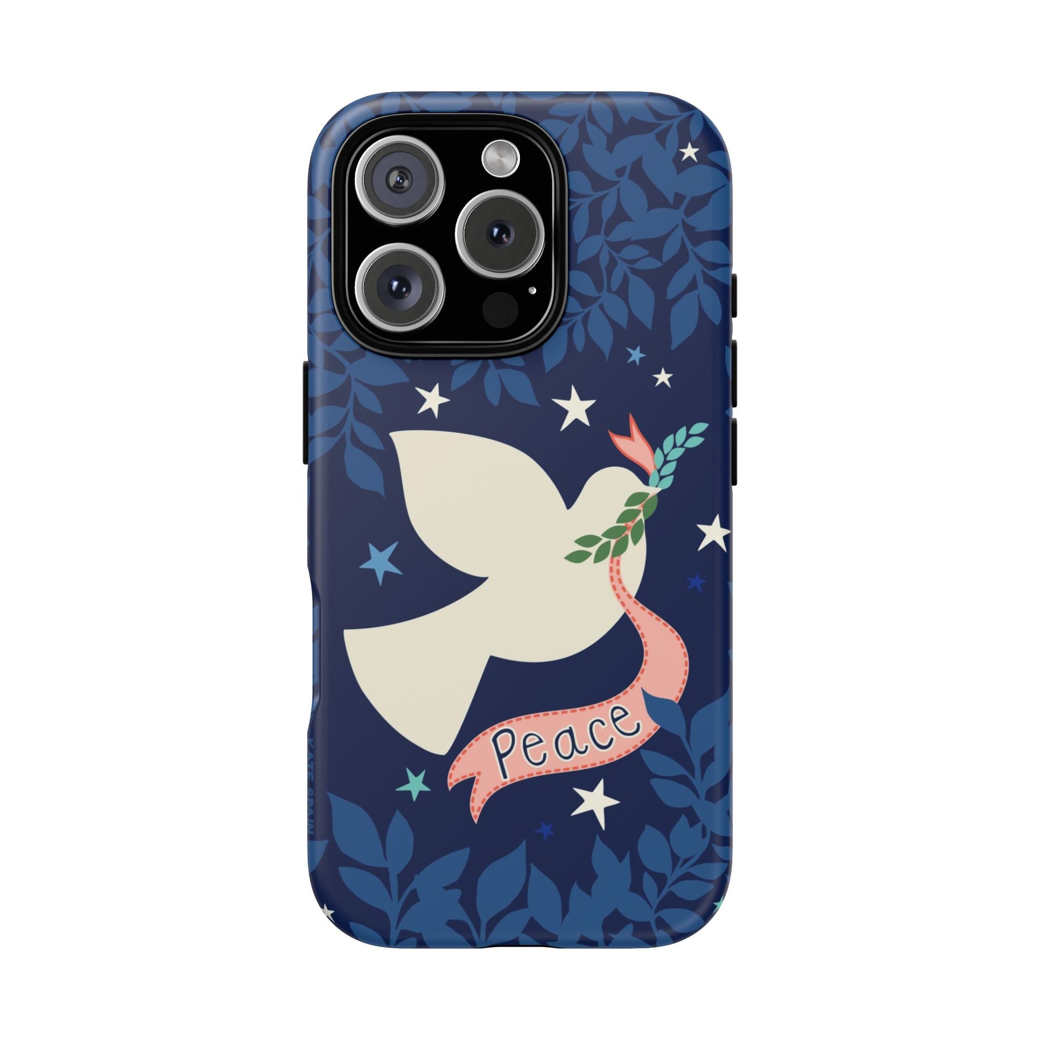 Peace Tough iPhone 16 Pro Case – Glossy | navy, cream peace dove, stars, botanical print