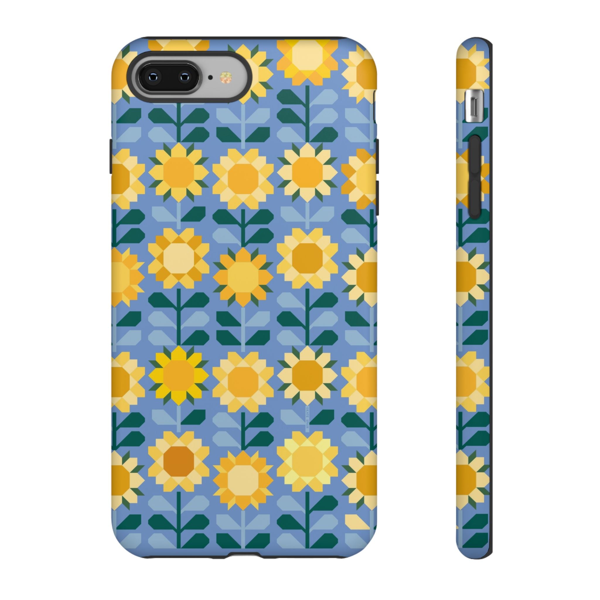 Sunflowers Tough iPhone 8 Plus Case – Matte | blue, yellow, gold geometric sunflower print
