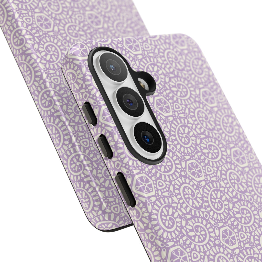 Canto Swirls Lavender Samsung Galaxy S26 Plus Case — angled view showing slim profile; lavender folk-art medallion pattern