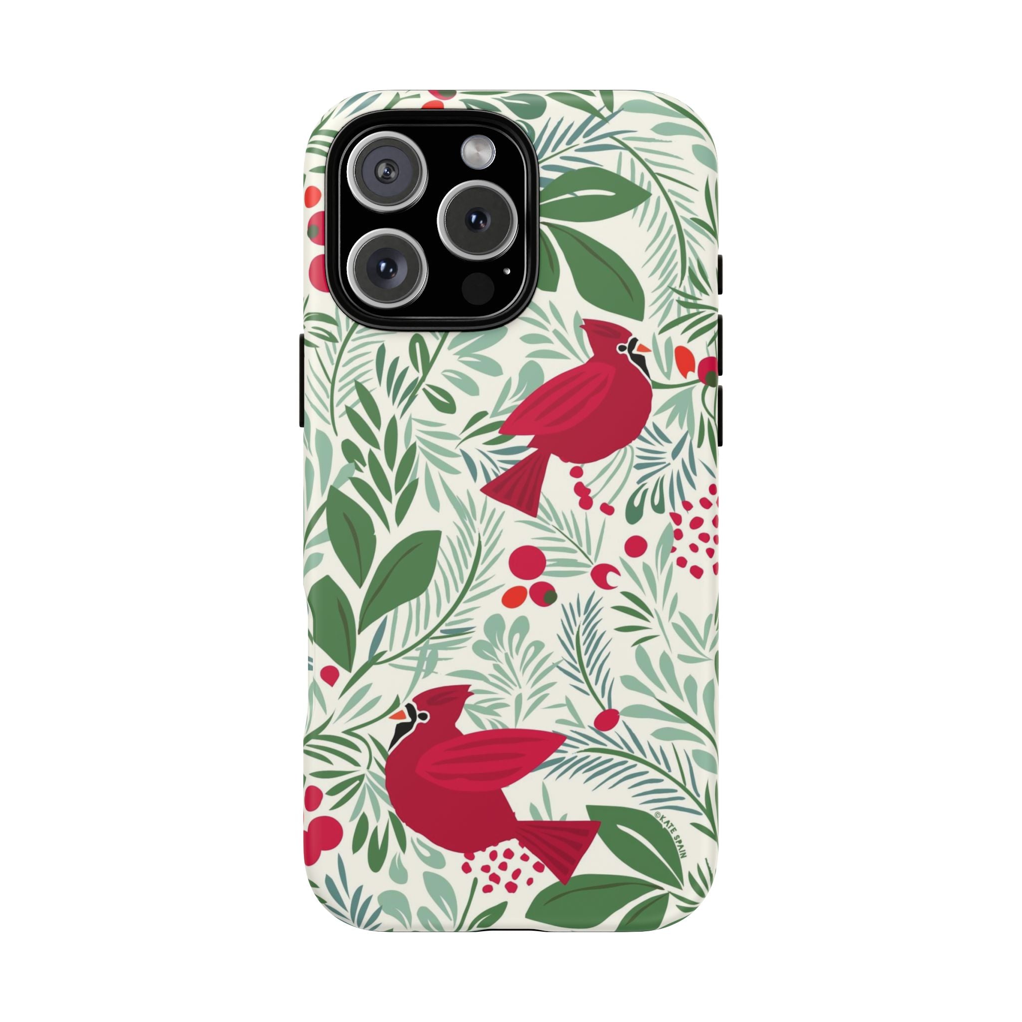 Birds and Berries Tough iPhone 16 Pro Max Case – Matte | cream, red, green botanical cardinal berry print
