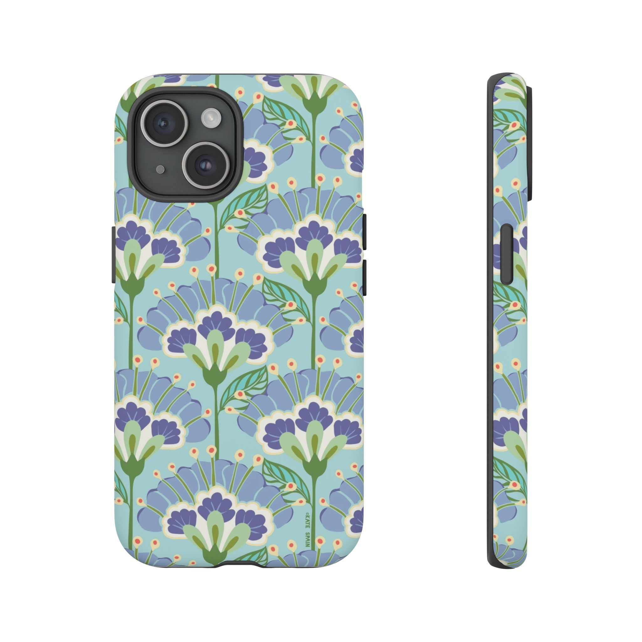 Lantern Flower Tough iPhone 15 Case – Matte | aqua, periwinkle, green botanical lantern floral print