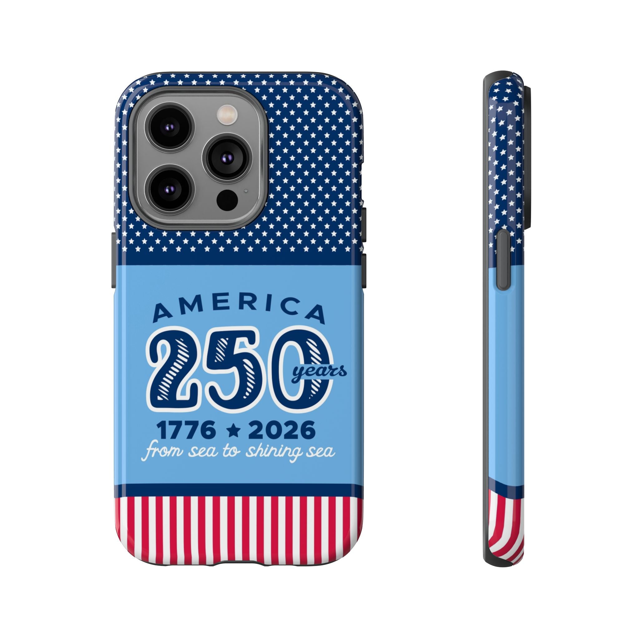 Sea to Shining Sea Tough iPhone 14 Pro Case – Glossy | navy, sky blue, red, white American stars & stripes 250th anniversary print