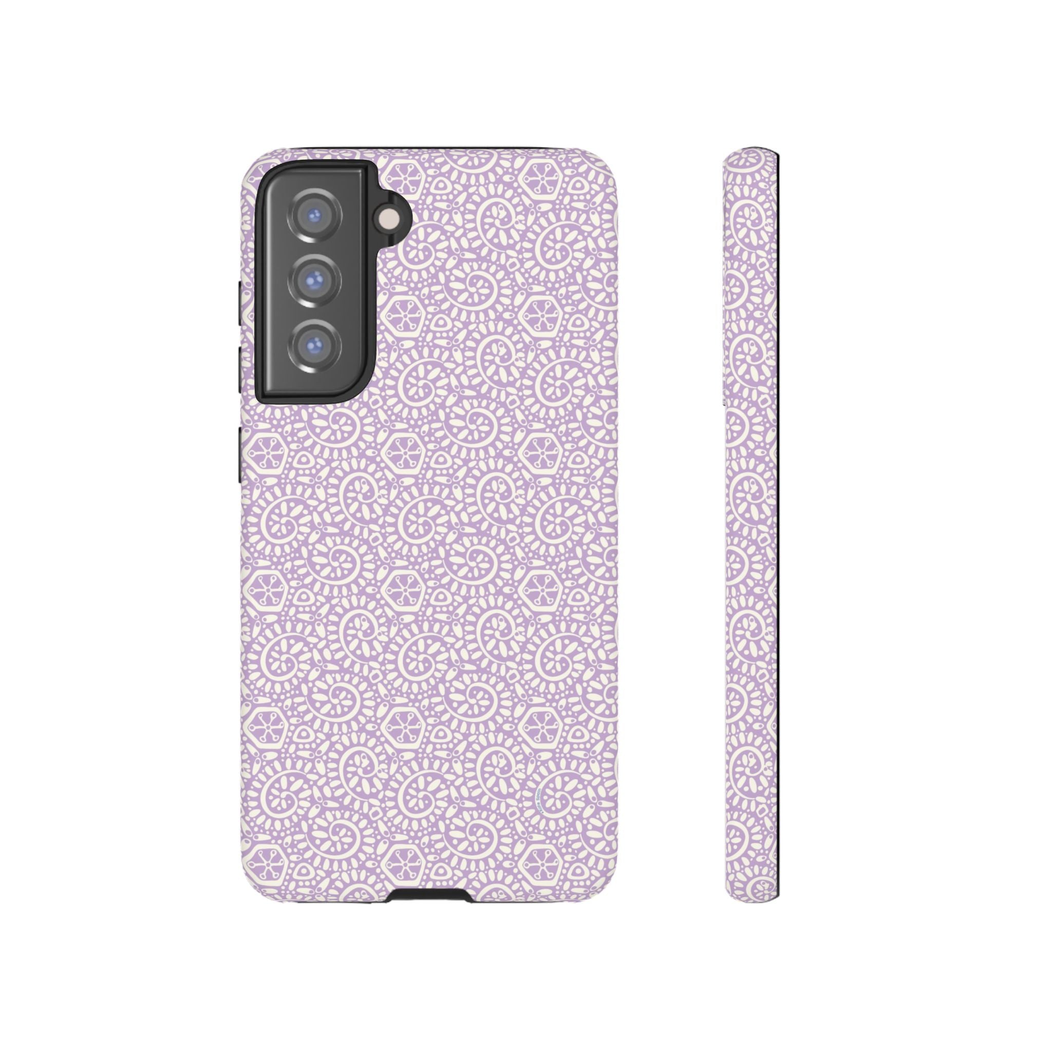 Canto Swirls Lavender Samsung Galaxy S21 FE Matte Case — lavender hard case covered in an intricate folk-art medallion pattern of radiating circular motifs, dot clusters, and geometric centers