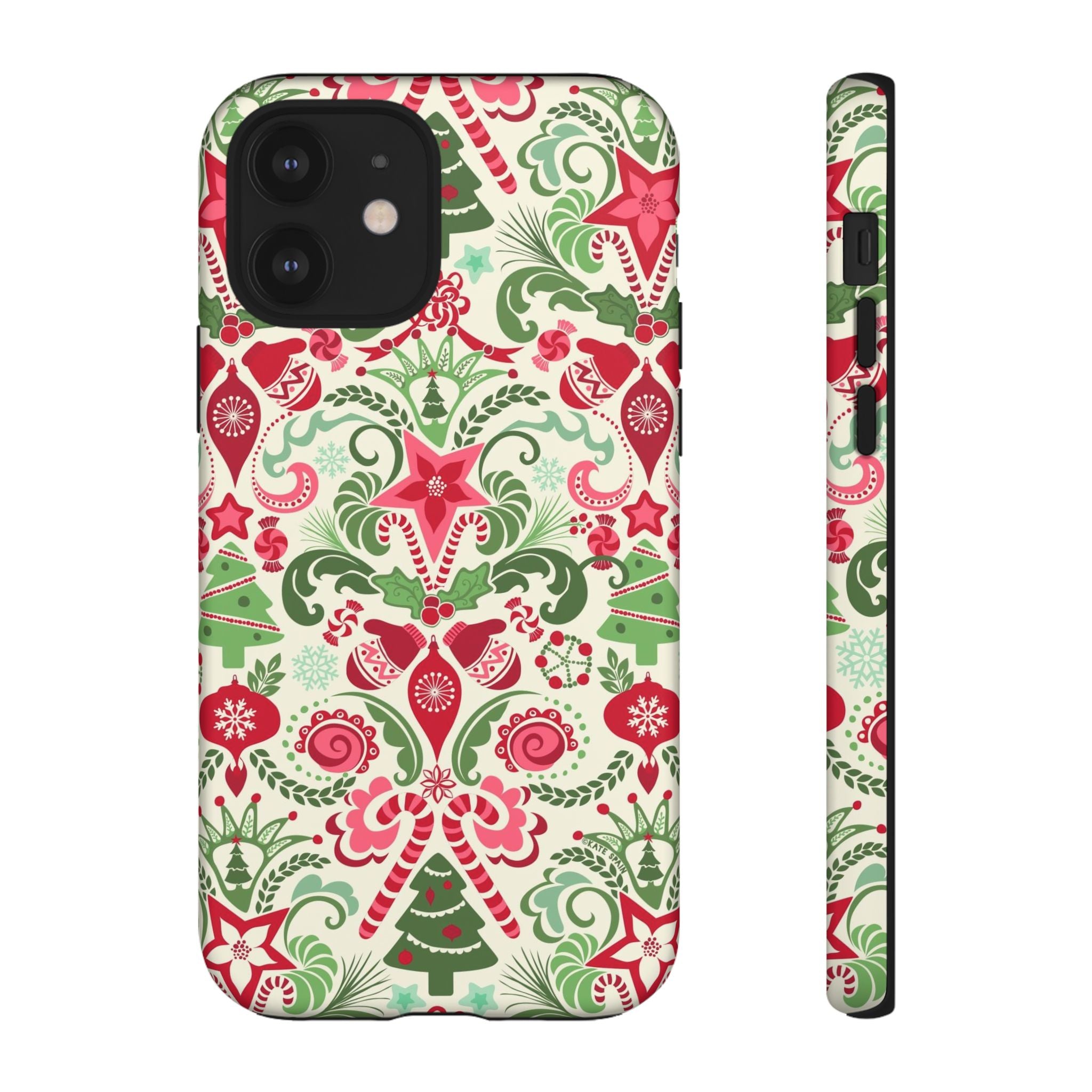 Wonderland Tough iPhone 12 Case – Matte | cream, red, green Christmas ornament damask print