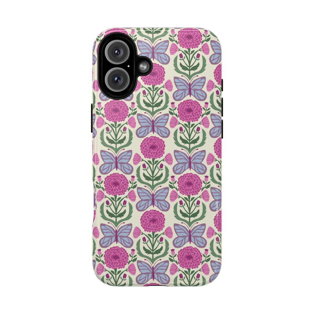 Butterfly MagSafe iPhone 16 Plus Case – Glossy | cream, magenta, periwinkle butterfly floral print