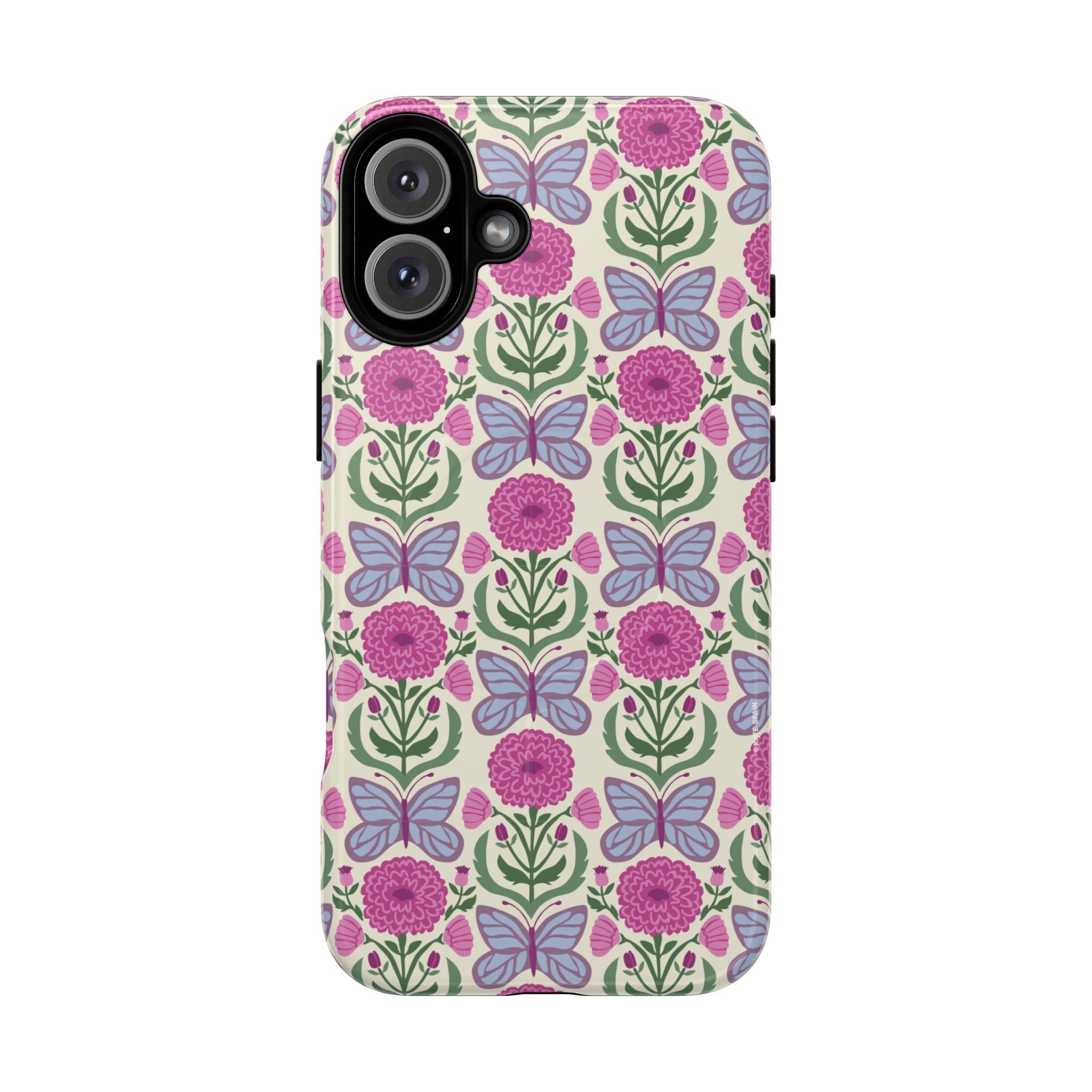 Butterfly MagSafe iPhone 16 Plus Case – Glossy | cream, magenta, periwinkle butterfly floral print