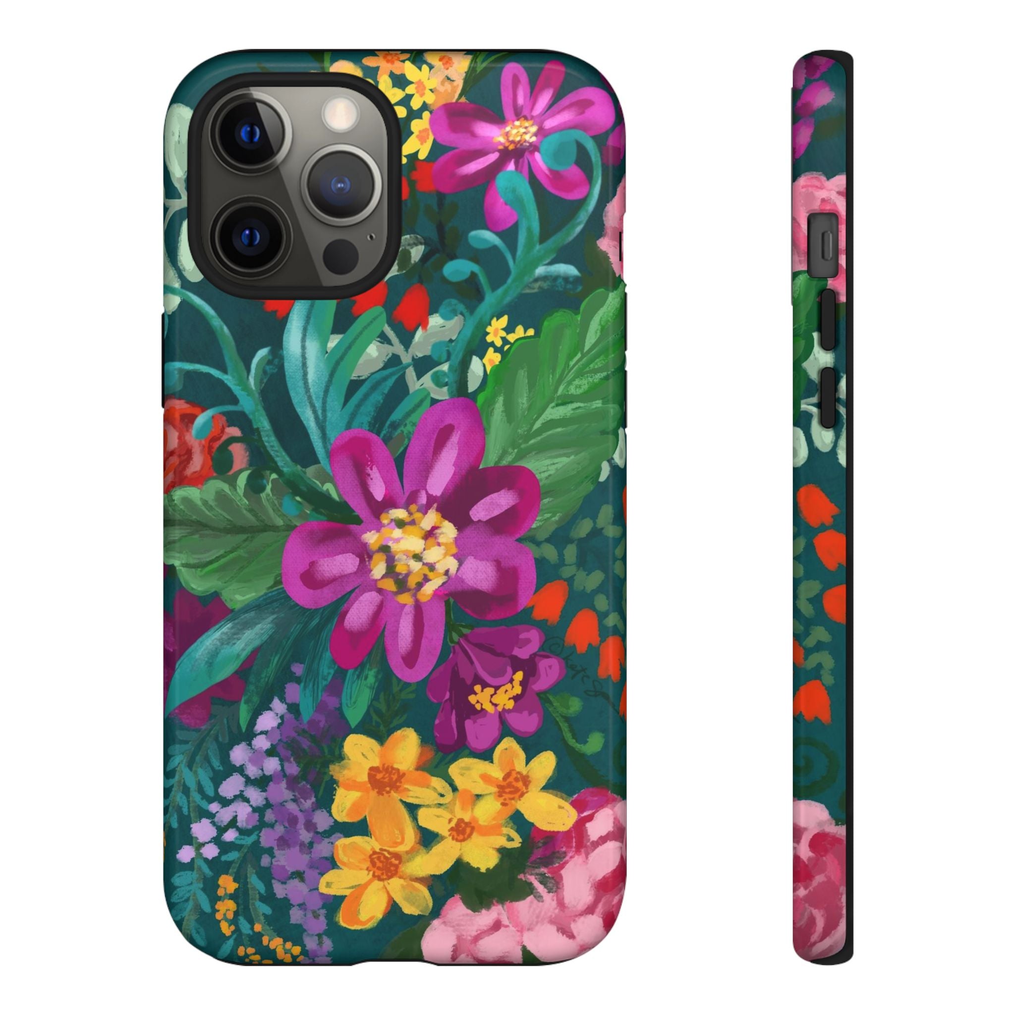 Posy Tough iPhone 12 Pro Max Case – Glossy | teal, purple, magenta, yellow botanical wildflower print