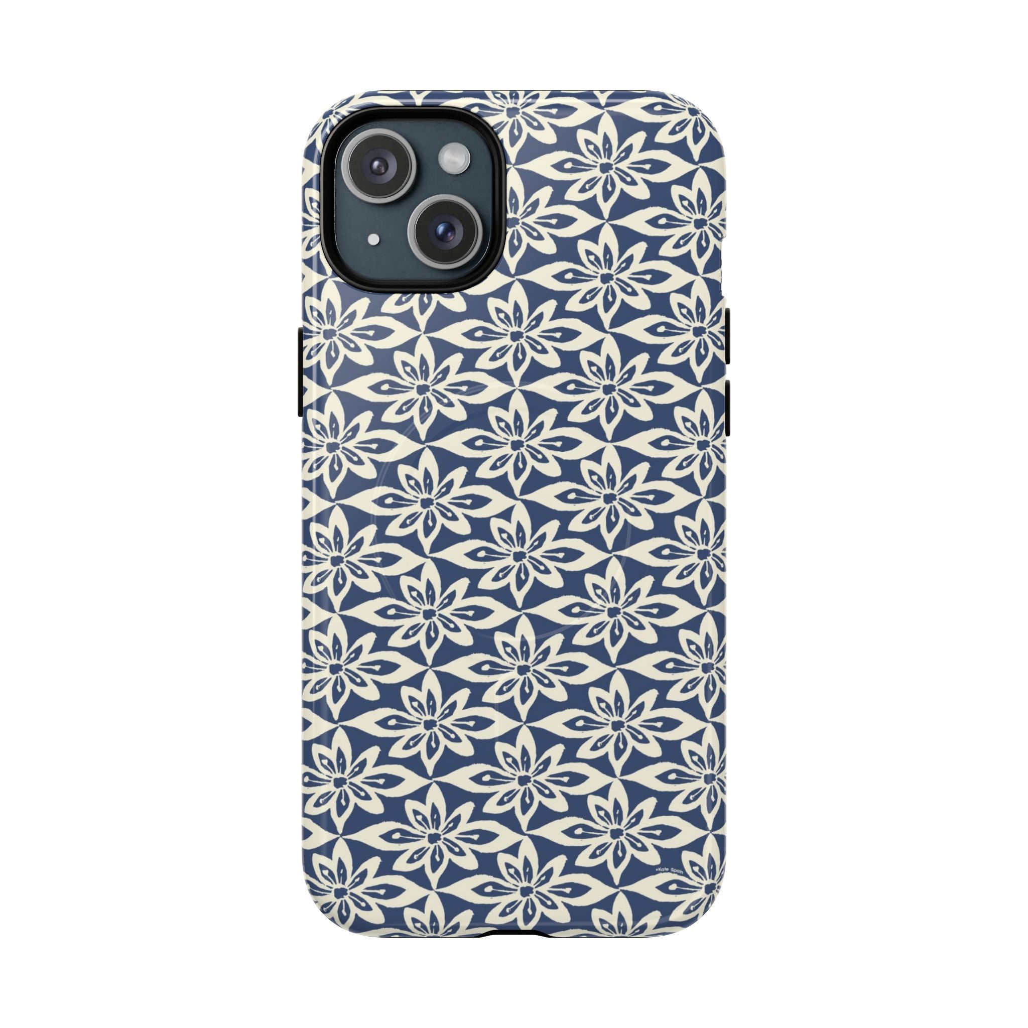 Lily Navy MagSafe iPhone 15 Plus Case – Glossy | graphic white lily print on deep navy — botanical MagSafe case by Kate Spain