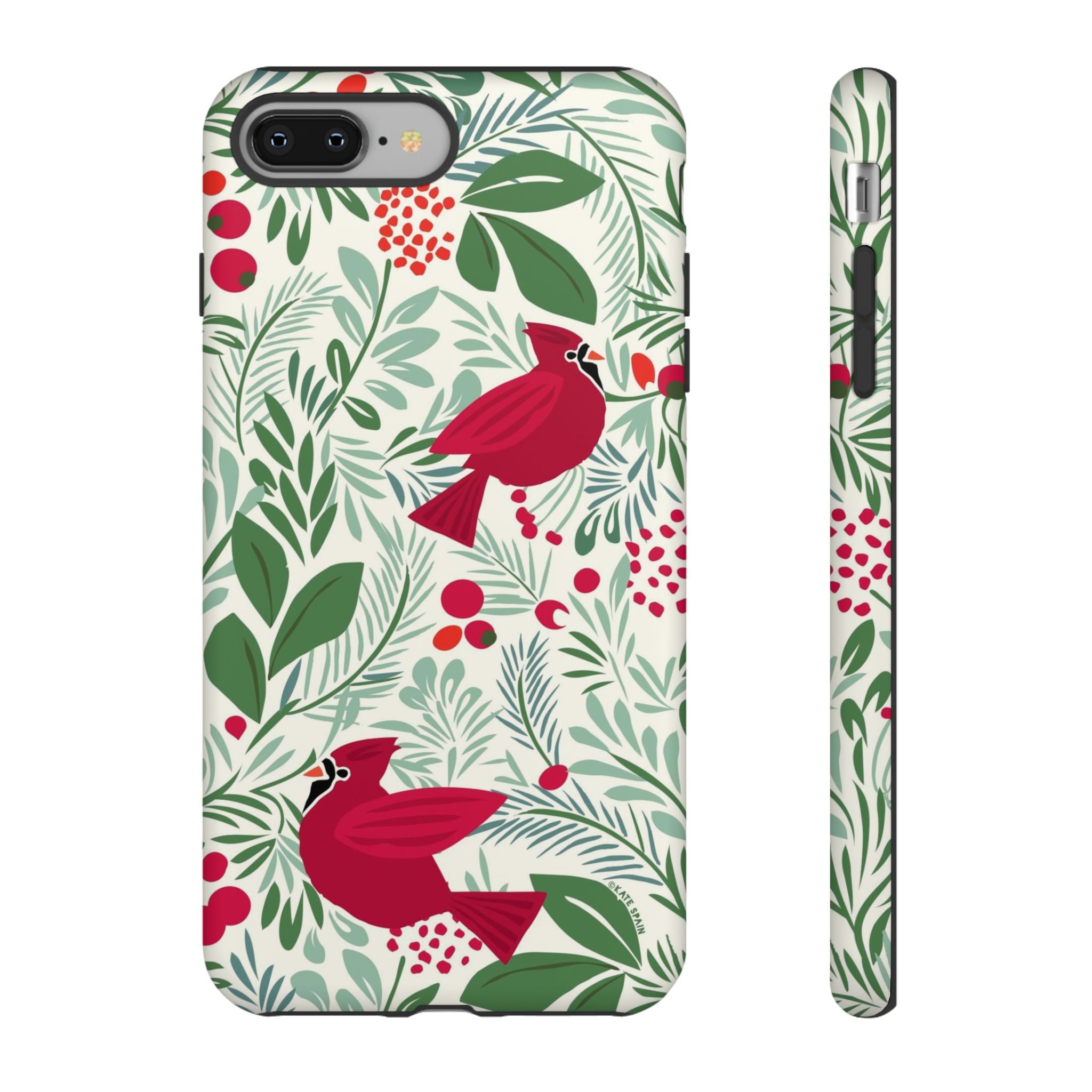 Birds and Berries Tough iPhone 8 Plus Case – Matte | cream, red, green botanical cardinal berry print