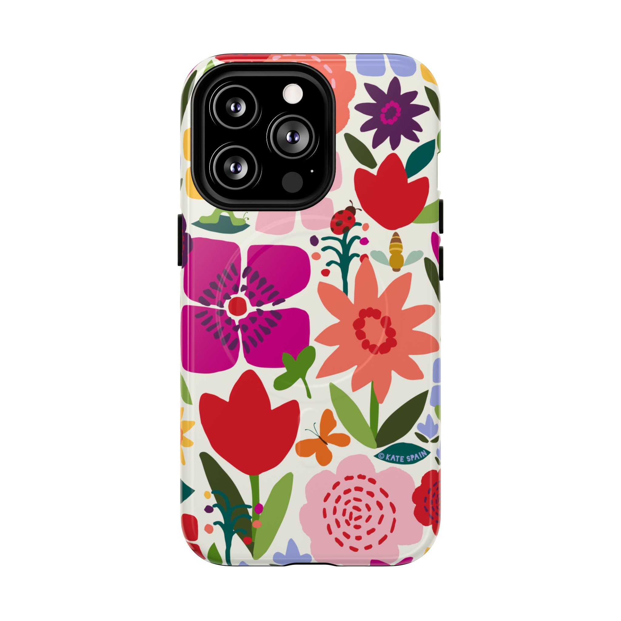 Happy Blooms MagSafe iPhone 13 Pro Case – Glossy | cream, red, magenta, coral botanical floral print