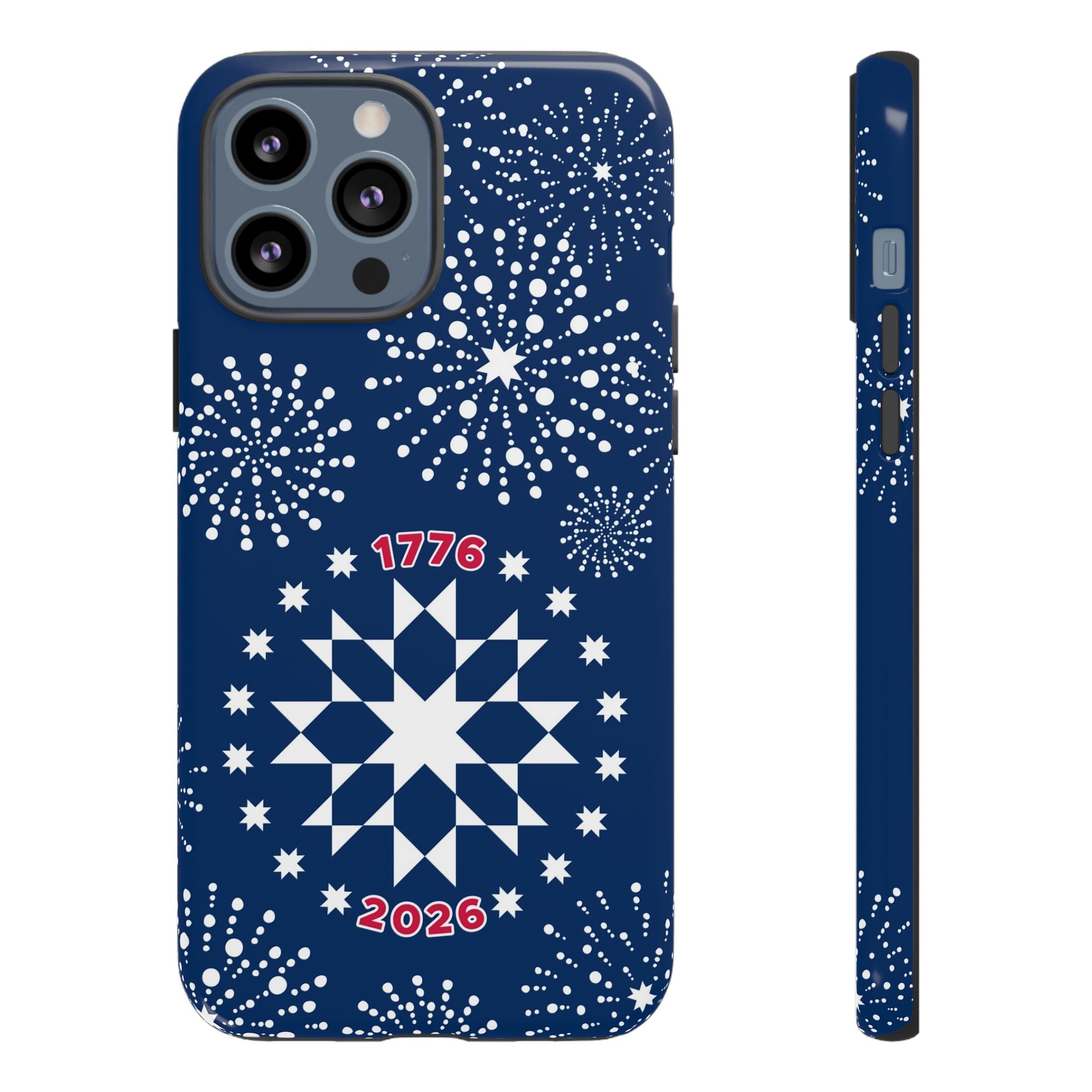 250th Fireworks Tough iPhone 13 Pro Max Case – Glossy | navy, white patriotic star quilt fireworks print