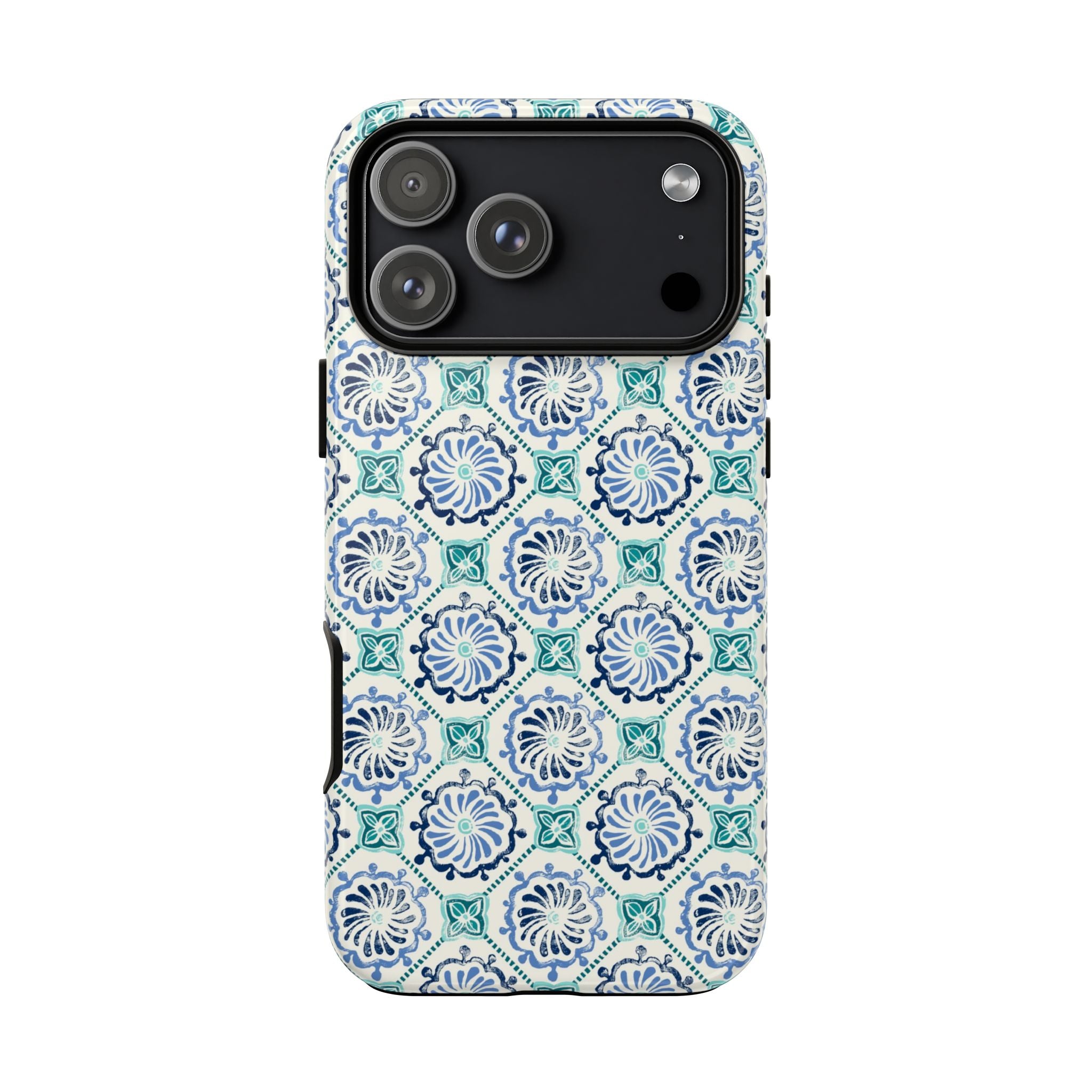 Horizon Blue Tile Tough iPhone 17 Pro Max Case – Glossy | blue, turquoise, cream white dual-layer protection