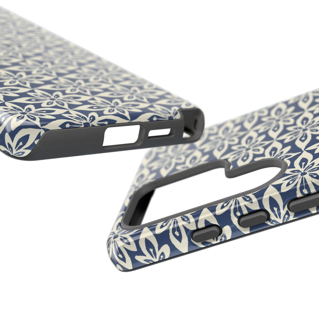 Lily Navy Blue Samsung Galaxy S25 Ultra Glossy case — dual view showing ports, camera cutout, and buttons — graphic white lily on deep navy by Kate Spain