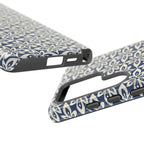 Lily Navy Blue Samsung Galaxy S25 Ultra Glossy case — dual view showing ports, camera cutout, and buttons — graphic white lily on deep navy by Kate Spain