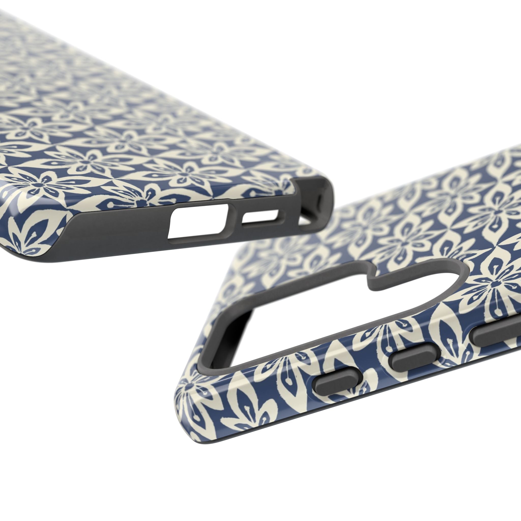 Lily Navy Blue Samsung Galaxy S25 Ultra Glossy case — dual view showing ports, camera cutout, and buttons — graphic white lily on deep navy by Kate Spain