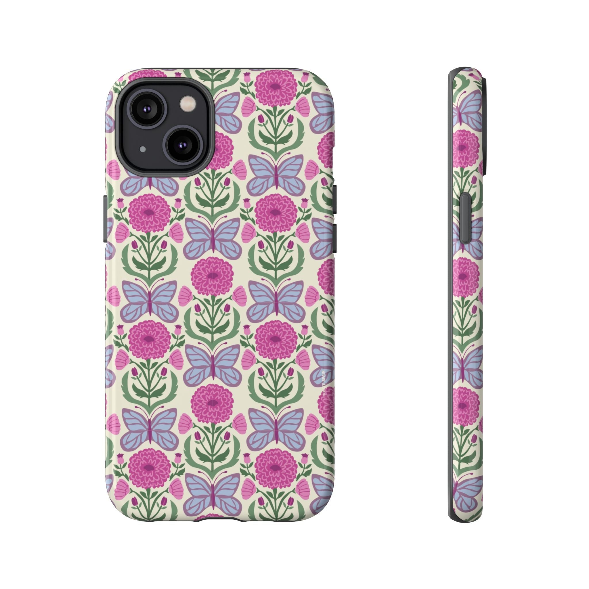 Butterfly Tough iPhone 14 Plus Case – Glossy | cream, magenta, periwinkle butterfly floral print