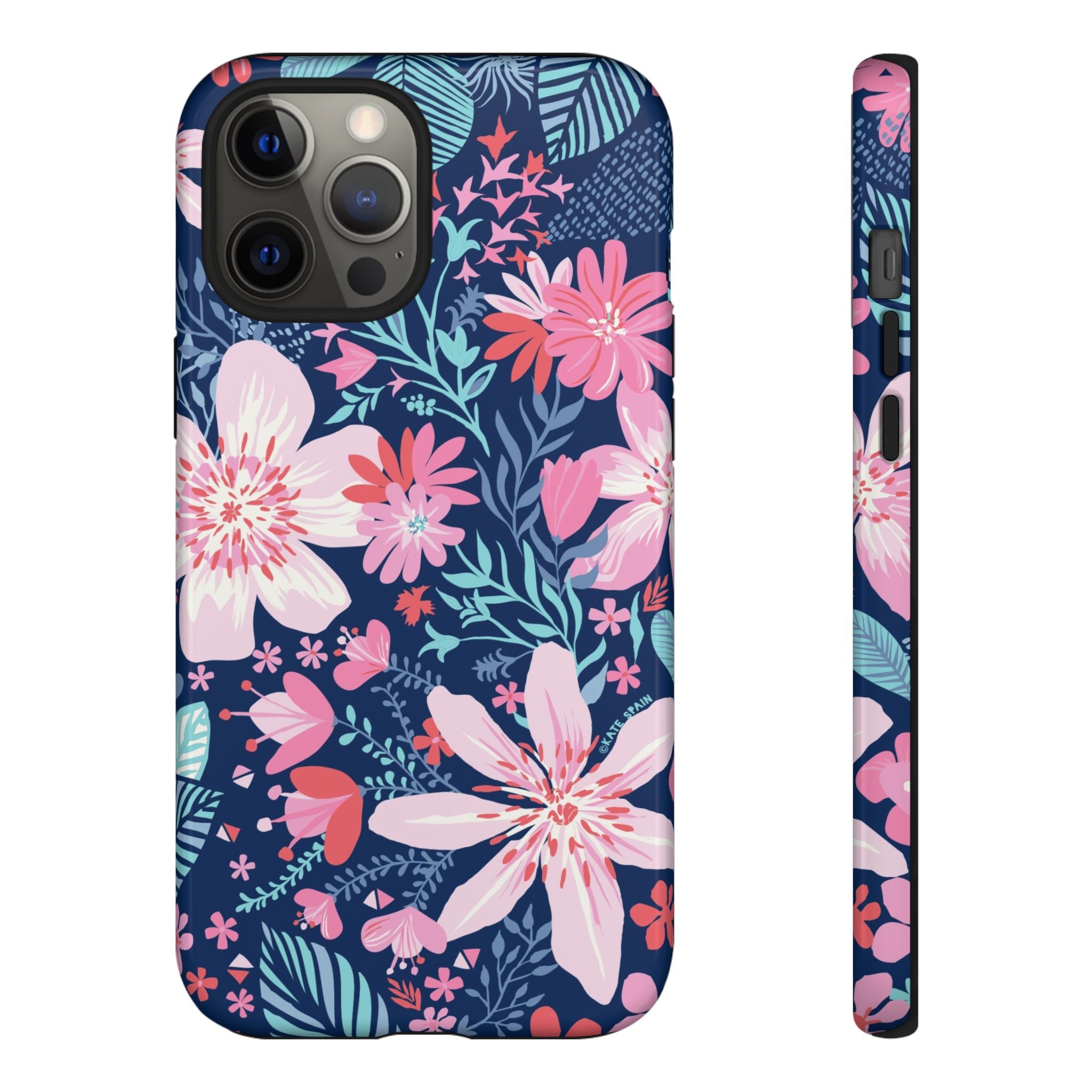 Bonaire Tough iPhone 12 Pro Max Case – Glossy | navy, pink, white tropical floral botanical print