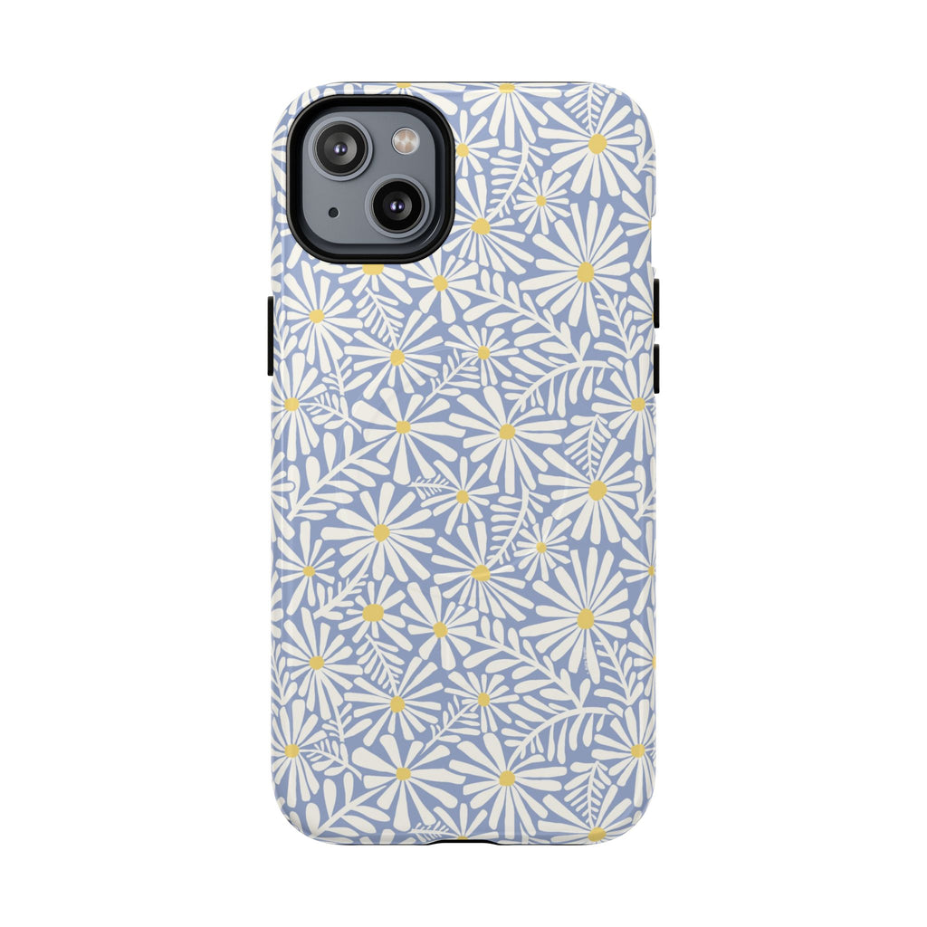 Montauk Daisy Cottage Blue MagSafe iPhone 14 Plus Case – Glossy | periwinkle blue, white graphic daisy and fern print, golden yellow centers MagSafe compatible, dual-layer protection